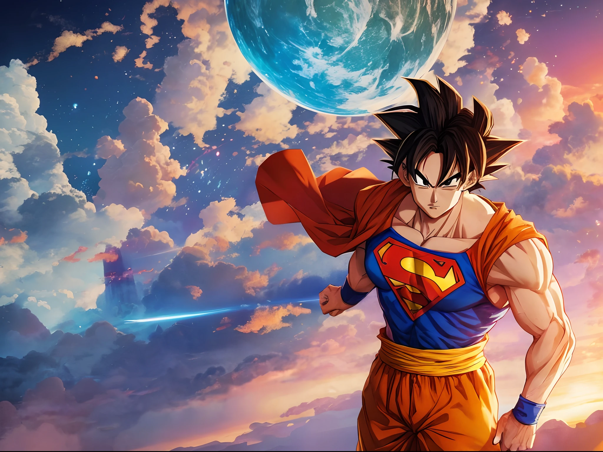 Goku with Superman costume, toei animation style, anime style, anime, bust, Highly detailed, Son Goku with Superman costume, Human anatomy, humanoid, Dragon Ball Z Sketch style, 8k resolution, alone, one person, Superman merged with Goku from Dragon Ball Super