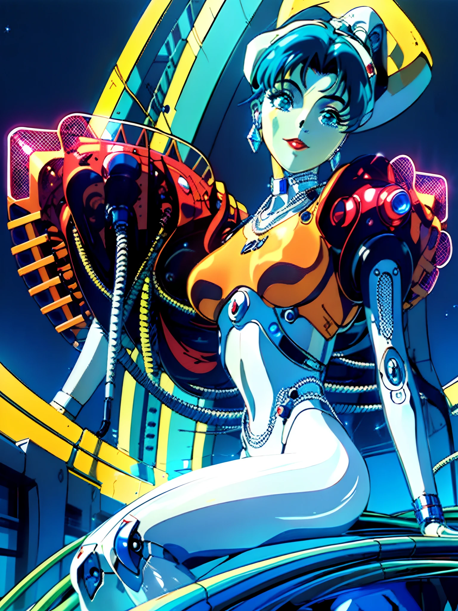 (elegant robotic) woman, (masterpiece), intricate details, retro, ((1999s anime)), ((best quality)), (bright colorful future city at night), (colorful cables) (cybernetic parts) iridescent [holographic metal body], tiger parts accessory, iridescent metal, (diamond minimalist) jewelry, (red lips), laser, thin, extremely detailed, covered, dynamic pose