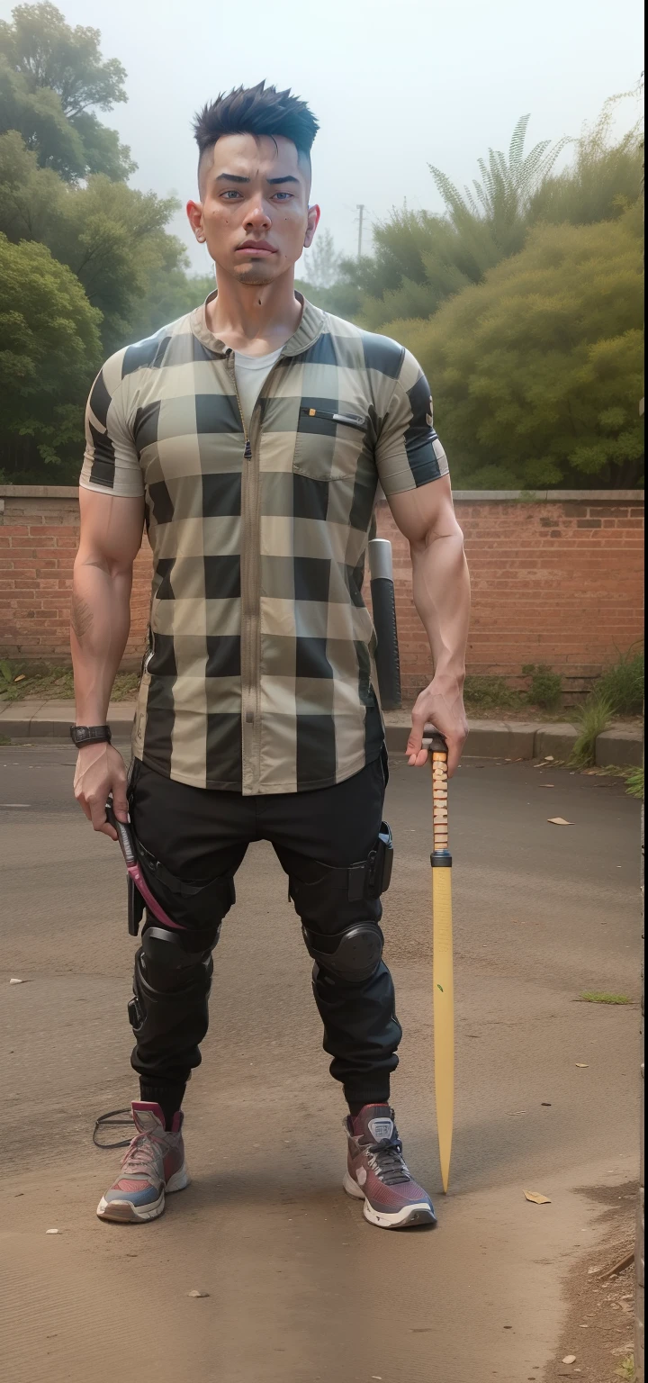cyberpunk,smartboy,lighting realistic background,8k,u4,arafed man standing with a baseball bat in his hand, young male with walking stick, with axe, full body picture, with a walking cane, one legged amputee, with a two handed axe, taken with sony alpha 9, holding a cane, very very low quality picture, very accurate photo, full body photograph, with an axe, without helmet
