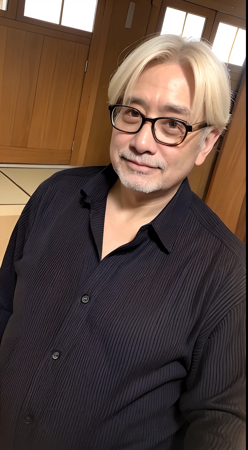 4K、top-quality、masutepiece、Middle-aged man living in Japan、a blond、Reaping、Wearing glasses、((fatness))、host、Looking at the camera