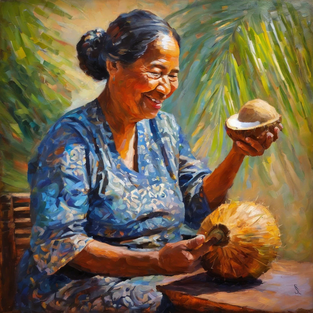 A teacher wearing batik from indonesia, drink a coconut