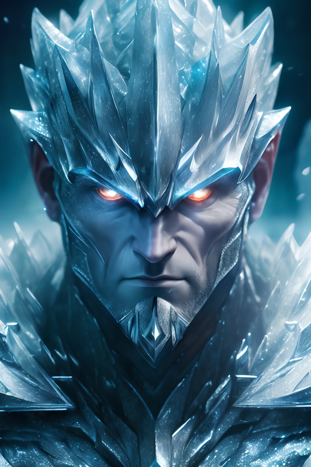 (best quality,4k,highres,ultra-detailed,sharp focus,realistic:1.37), ice armor, serious evil character, staring forward, ice cave, cinema photo, cinema illumination, cinema sea, man body