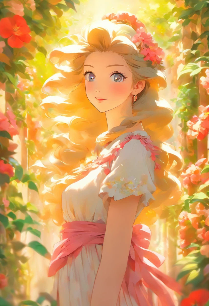 a girl with long legs, beautiful detailed eyes, beautiful detailed lips, long eyelashes, walking gracefully through a garden, surrounded by colorful flowers and lush greenery, under the warm sunlight, wearing a flowing dress, with a gentle smile on her face, capturing the beauty of nature and embracing the tranquility of the moment, in a vibrant and vivid painting style, with vibrant colors and sharp focus, providing ultra-detailed and realistic rendering, resembling a masterpiece of fine art.