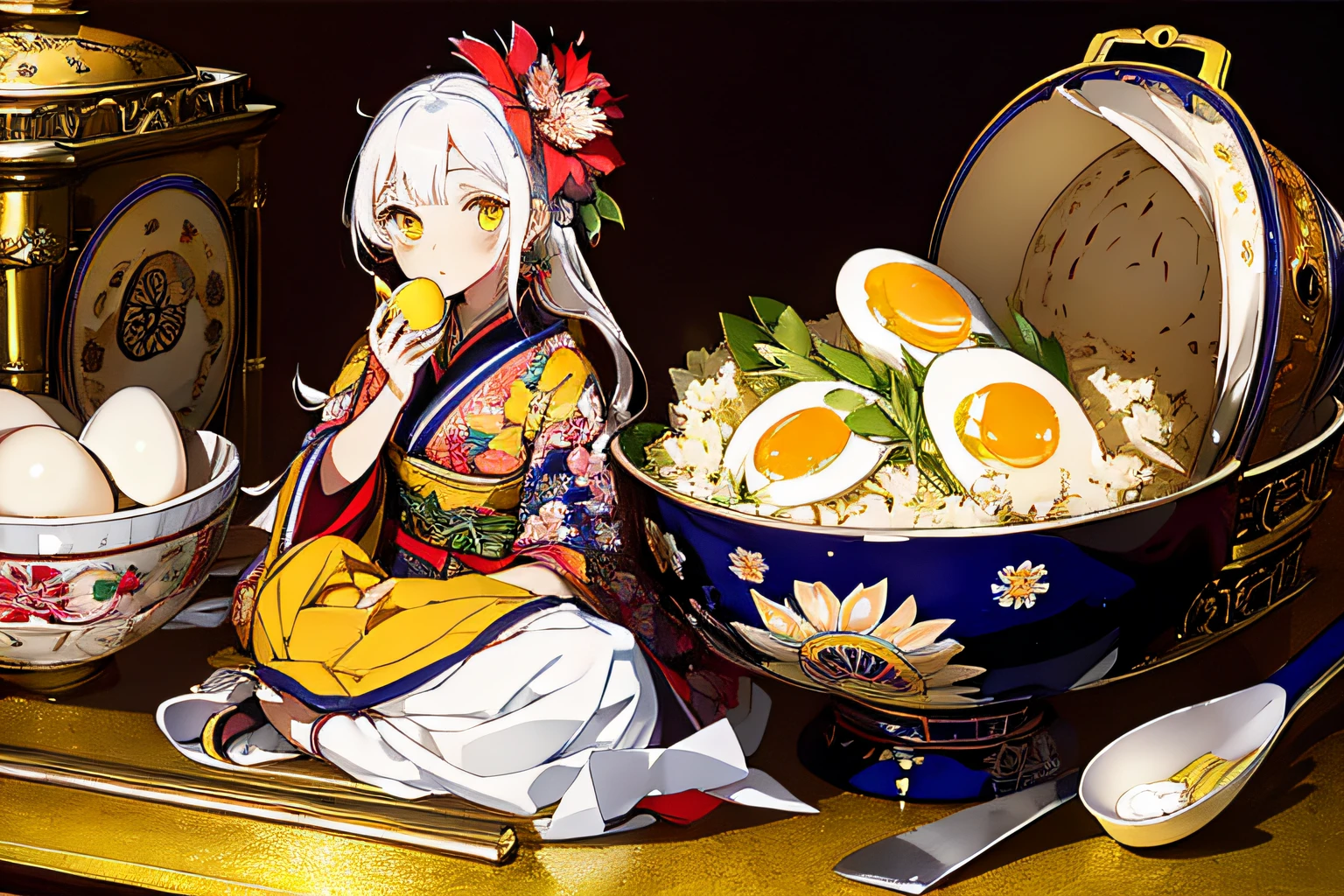 (masterpiece, top quality, best quality, official art, beautiful and aesthetic:1.2),
1girl, japanese clothes, solo, white hair, food, egg, yellow eyes, in container, bowl, eating, flower, chibi, gloves, rice, in food,
extremely detailed,colorful, (dynamic pose),