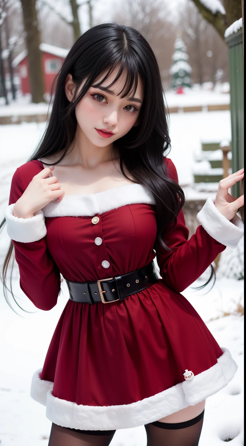 Christmas girl, black long hair Emo Pin up Girl, christmas dress, Striking a pose, natural make up, skinny innocent, in a snowy garden, heavenly, midshot, centered image, good girl, innocent girl