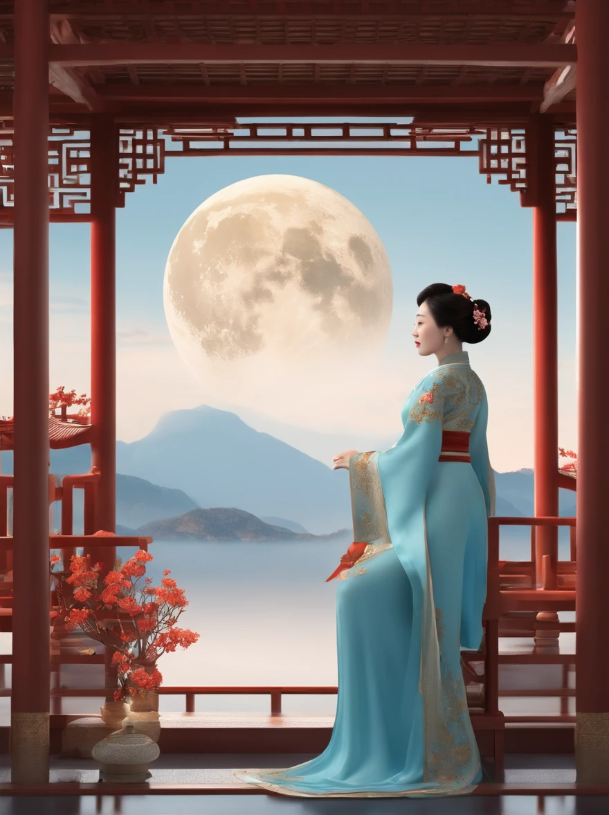 This was done in HD and with lots of lighting, several ancient Chinese women in the pavilion, enjoying the moon, happy, in the style of Hiroshi Yoshida, rendered in cinema4d, moon, mountain, Chinese Tang Dynasty, osmanthus flowers, light blue background, photo-like exaggeration, floating structure