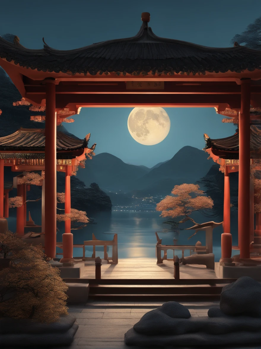 This was done in HD and with lots of lighting, several ancient Chinese women in the pavilion, enjoying the moon, happy, in the style of Hiroshi Yoshida, rendered in cinema4d, moon, mountain, Chinese Tang Dynasty, osmanthus flowers, light blue background, photo-like exaggeration, floating structure