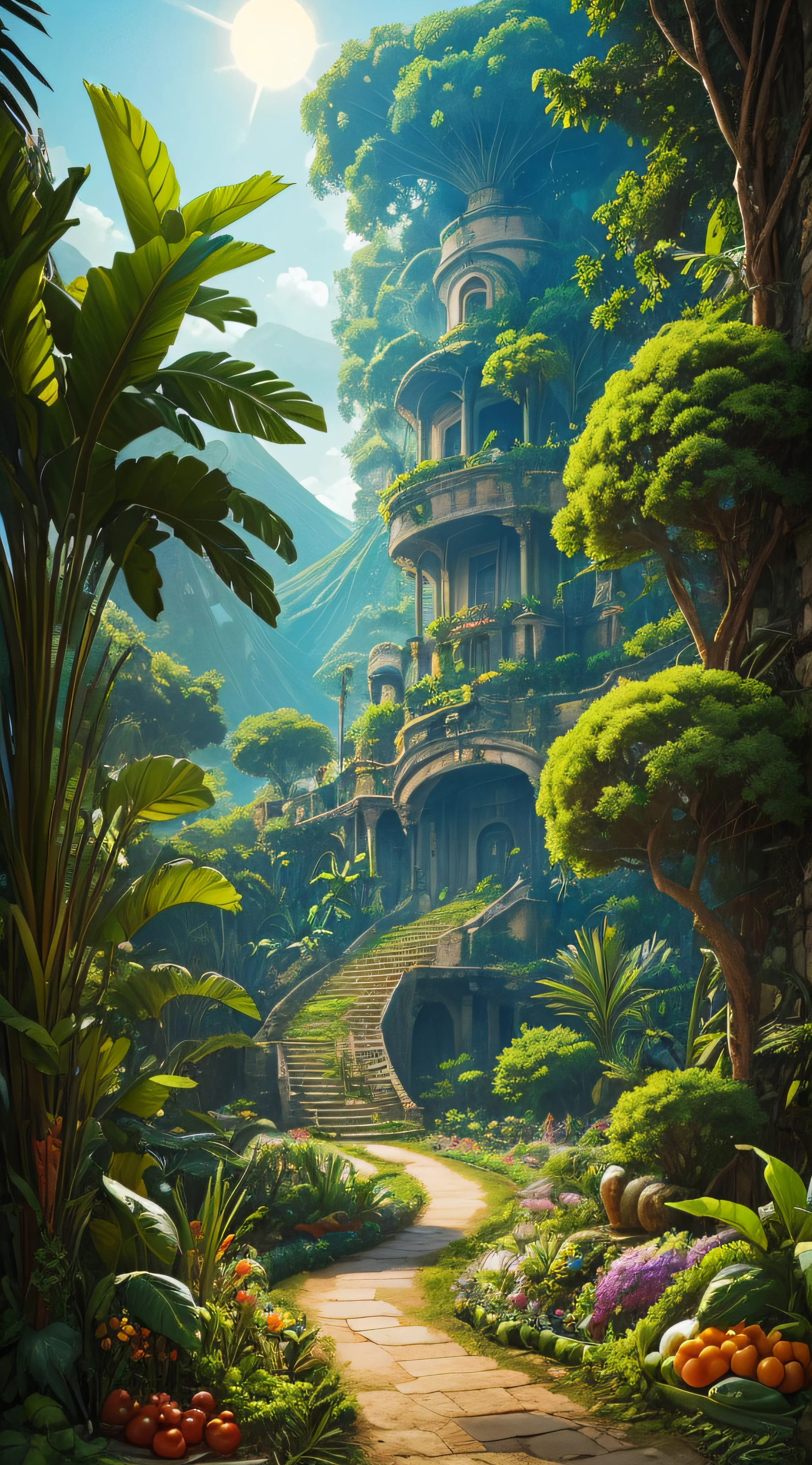 (extremadamente detallado, obra maestra, La mejor calidad, foto antigua, principios de siglo, VHS Aesthetics) Big Snake in the middle of a strange jungle. Vegetables from another dimension. Epic flowers far away, organic trees with meat. Luz noche.