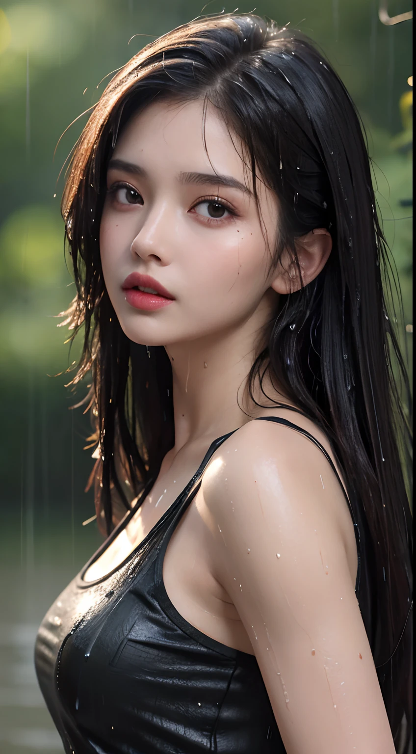 best qualtiy、masterpiece、photoRealstic、intricate-detail、Raw foto、Photon Rendering、Octane Rendering、absurderes、ultra-detailliert、A detailed face、Detailed skin、Trending in art stations、8K Masterpiece、lighting like a movie、( (1girl in))、((独奏) ))、((Behold))、CG Social Trends、Plastic En、((Black Long Hair))、((Beautuful Women))、(A smile)、show the grinps、Upper teeth、Fashionable、summer clothing、Hair that flutters in the wind、((Flowing hair))、fashion magazine、(A sexy)、((lighting like a movie))、((grass field))、((a heavy rain))、((stormy))、((Wet with rain))、((wetted skin))、((wetting hair))、((Wet clothes))、((Drenched))、((Clothes are see-through))、(Frolic)、