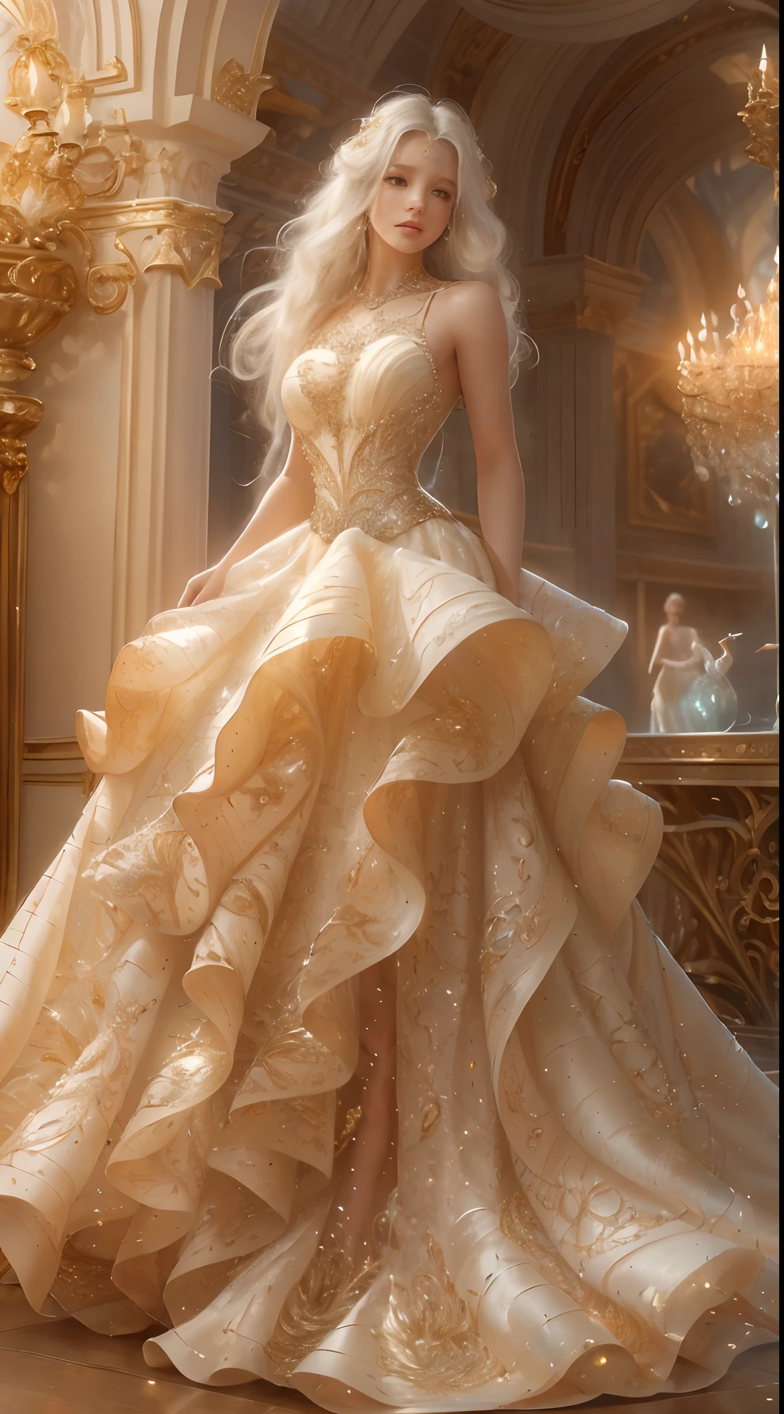 Layers of luxurious fabrics create volume and movement, echoing the classic ball gowns of the 1950s. However, a sheer layer of metallic organza adds a luminous dimension, making the skirt come alive with every step.