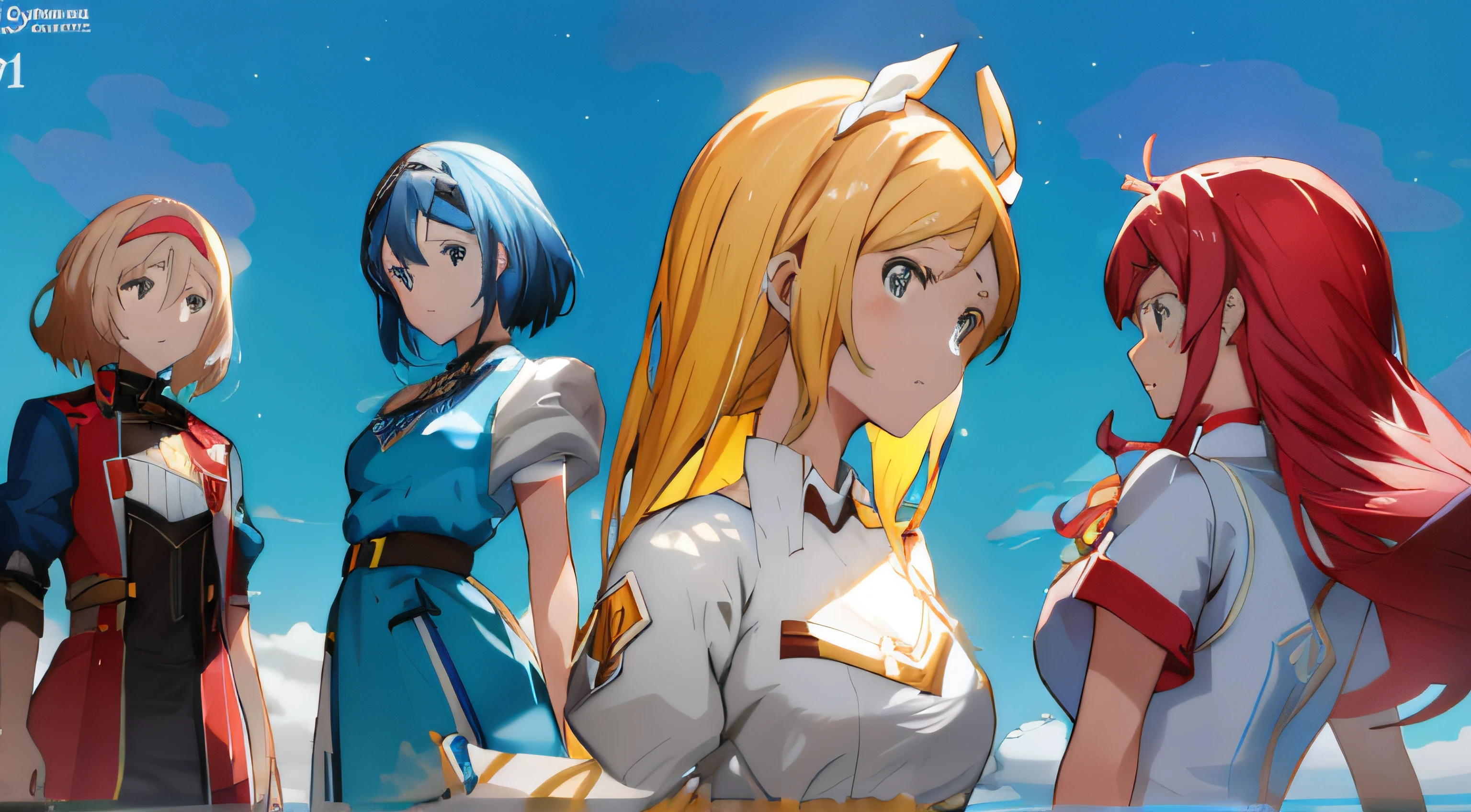 Anime characters standing in a line with a blue sky in the background, Cushart, Ilustraciones oficiales, Cushart Krenz Key Art Femenino, Cushart Kenz, Personajes de Azure Lane, Artgerm y Atey Ghailan, Krenz Cushart y Artgerm, Macross Delta Splash Art, arte oficial, Del videojuego Azure Lane