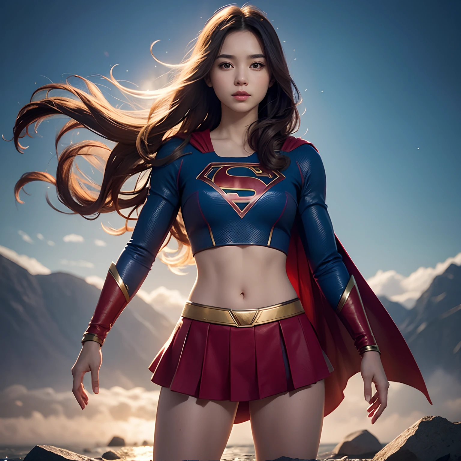1 girl, solo, long hair, crop top, supergirl, superhero landing, asian woman, pretty face