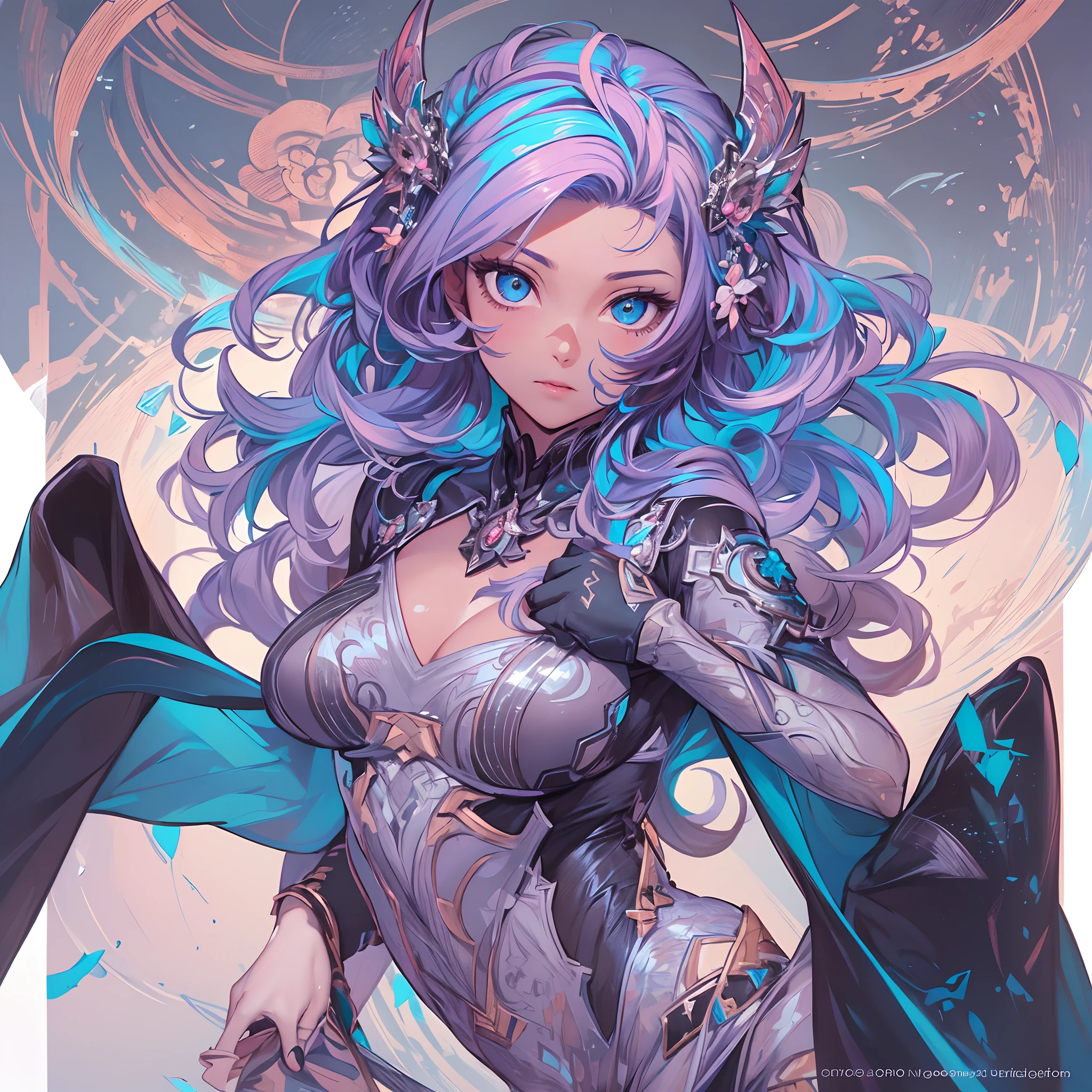 ((Masterpiece, Highest quality)), Detailed face, CharacterDesignSheet，full bodyesbian, perfectly proportions，Full of details, Multiple poses and expressions, Highly detailed, Martial arts girl，Seductive，Blue-pink gradient hair color，Detailed eyes, ssee-through，lacepantyhose，High Balance, Overhead halo，Natural light，Star decoration