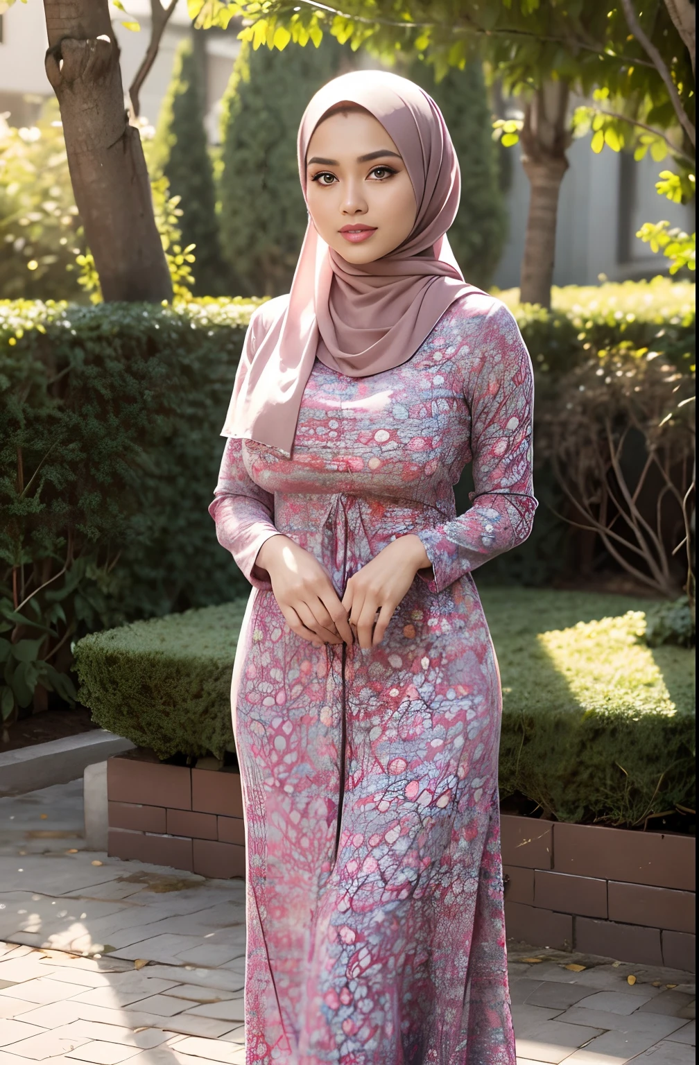 RAW, Best quality, high resolution, masterpiece: 1.3), beautiful Malay woman in hijab,Masterpiece, perfect slim fit body, (Huge breasts), big gorgeous eyes, Soft smile, Delicate turtleneck print sun dress, necklace, shairband, afternoon walk, City garden, Excellent lighting, Bright colors, Clean lines