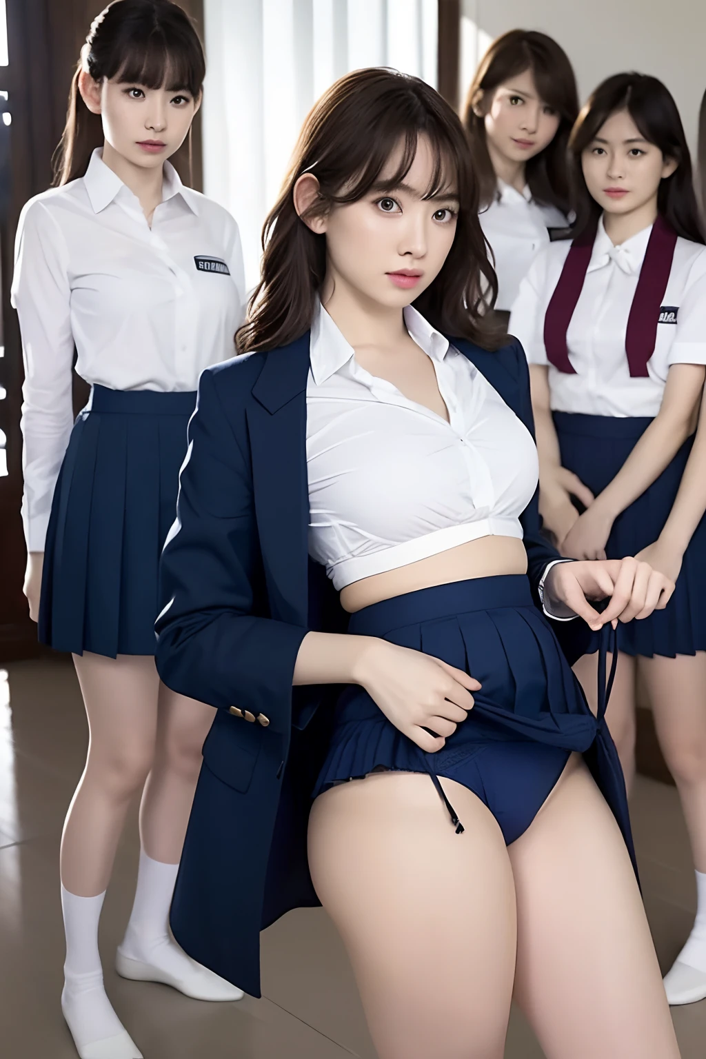 Knee up, masutepiece, Best Quality, 8 girls in the classroom,(5 people standing:1.2),Standing,age, Looking at Viewer,l Group shot, harems,nffsw,Retro white underwear, (pantiy),Realistic,School uniform,(Maroon blazer and white shirt) ,(Dark blue pleated skirt),Blue Ribbon ,(Looking back, ass grab:0.9),(Beautiful eyes:1.3),frombelow,From below,Kinney,(skinny:1.2) ,thick thighs, Long body, novel illustration,(Smelly eyes:0.5),closed curtains,(shirts lift,lifted by self:1.5) ,Dark Persona.Skirt lift front,(Panties:1.3)、Bend your right leg、Braids、From above,