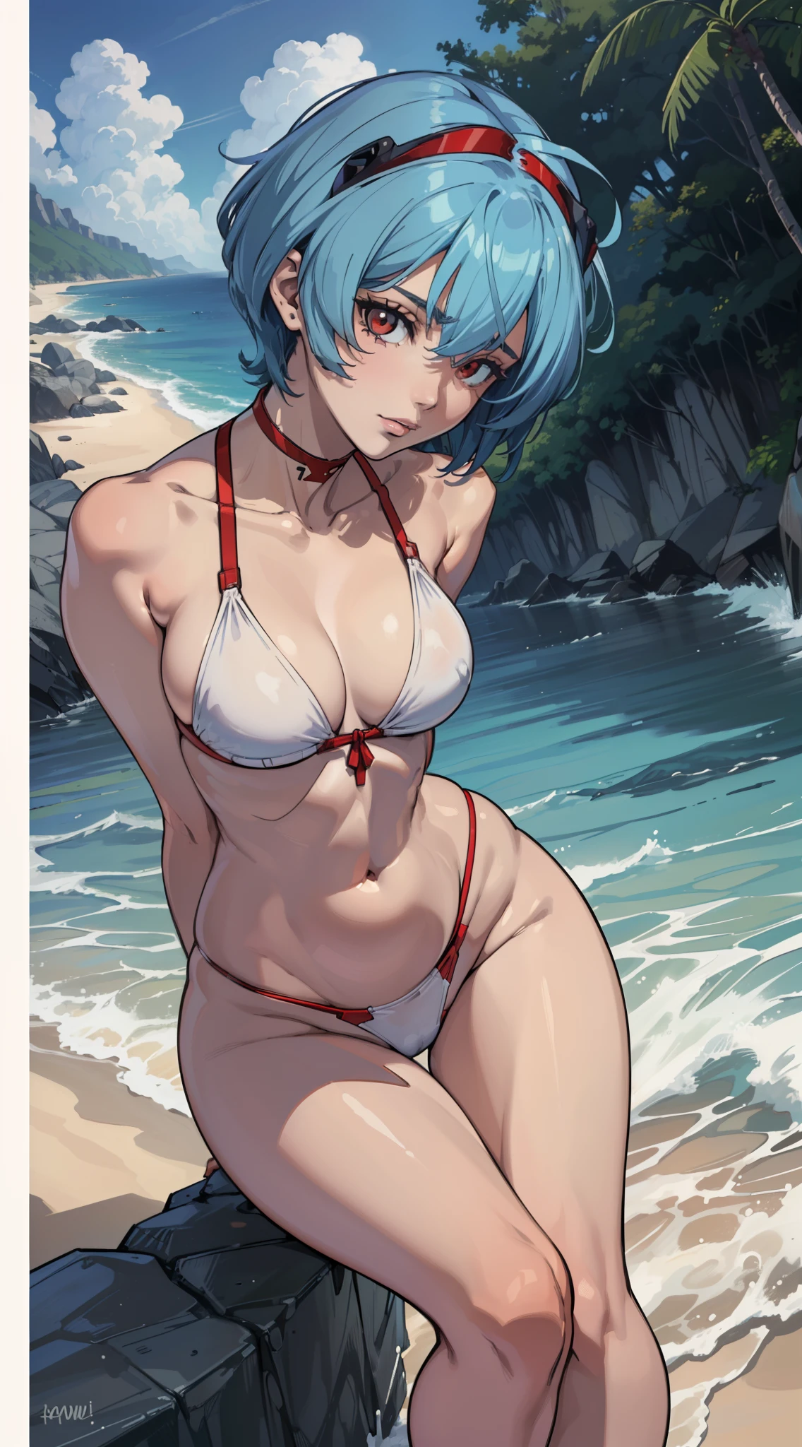 (best quality:1.3), (qualidade 4K), Rei ayanami por evangelion, ((Rosto detalhado)), ((body curvy)), (peitos grandes), (cabelos azuis), (corte de cabelo), ((inclinando-se para a frente)) , corpo sexy, (Thong Bukini Branco), (Praia), ((bunda grande))