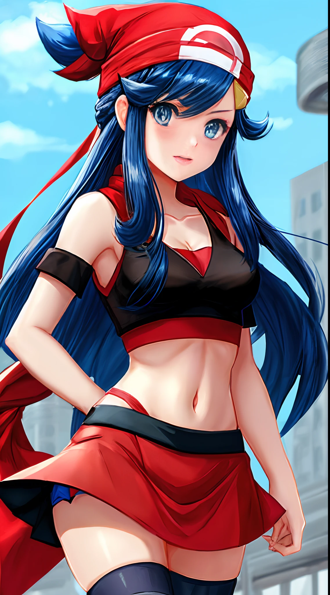 dawn\(pokemon\), medium breasts, black shirt, long hair, beanie, hair ornament, hairclip, collarbone, blue hair, blue eyes, mini skirt, red scarf , thighhighs, red skirt,