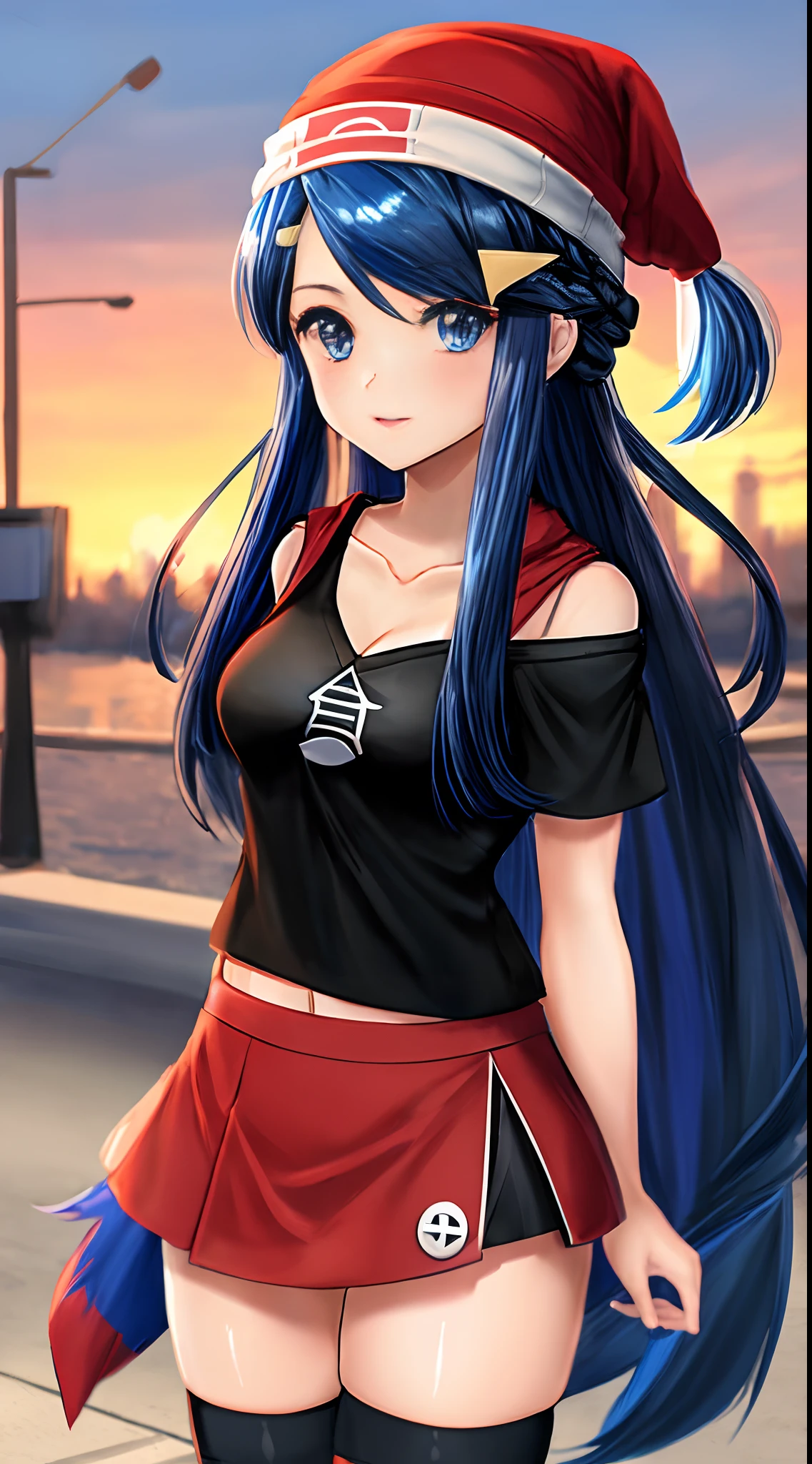 dawn\(pokemon\), medium breasts, black shirt, long hair, beanie, hair ornament, hairclip, collarbone, blue hair, blue eyes, mini skirt, red scarf , thighhighs, red skirt,