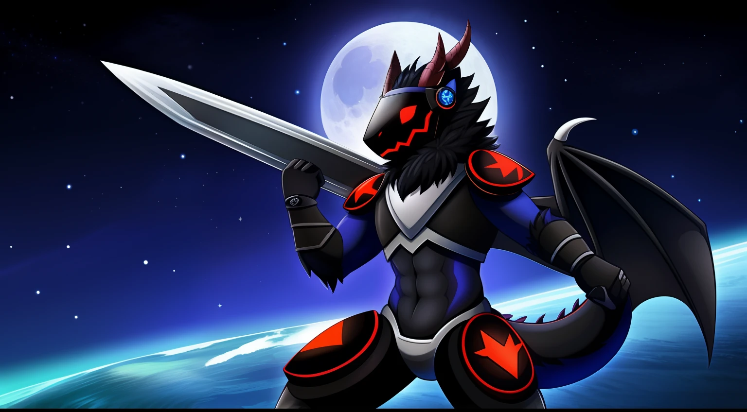 Protogen, pelaje suave color negro, cuerpo detallado, pose de pelea ,cielo oscuro, estrellas, luna llena, anochecer,ojos rojos, cara enojada,solo, Wielding Berserk's Dragon Slayer with both hands, aura oscura rodeando su cuerpo