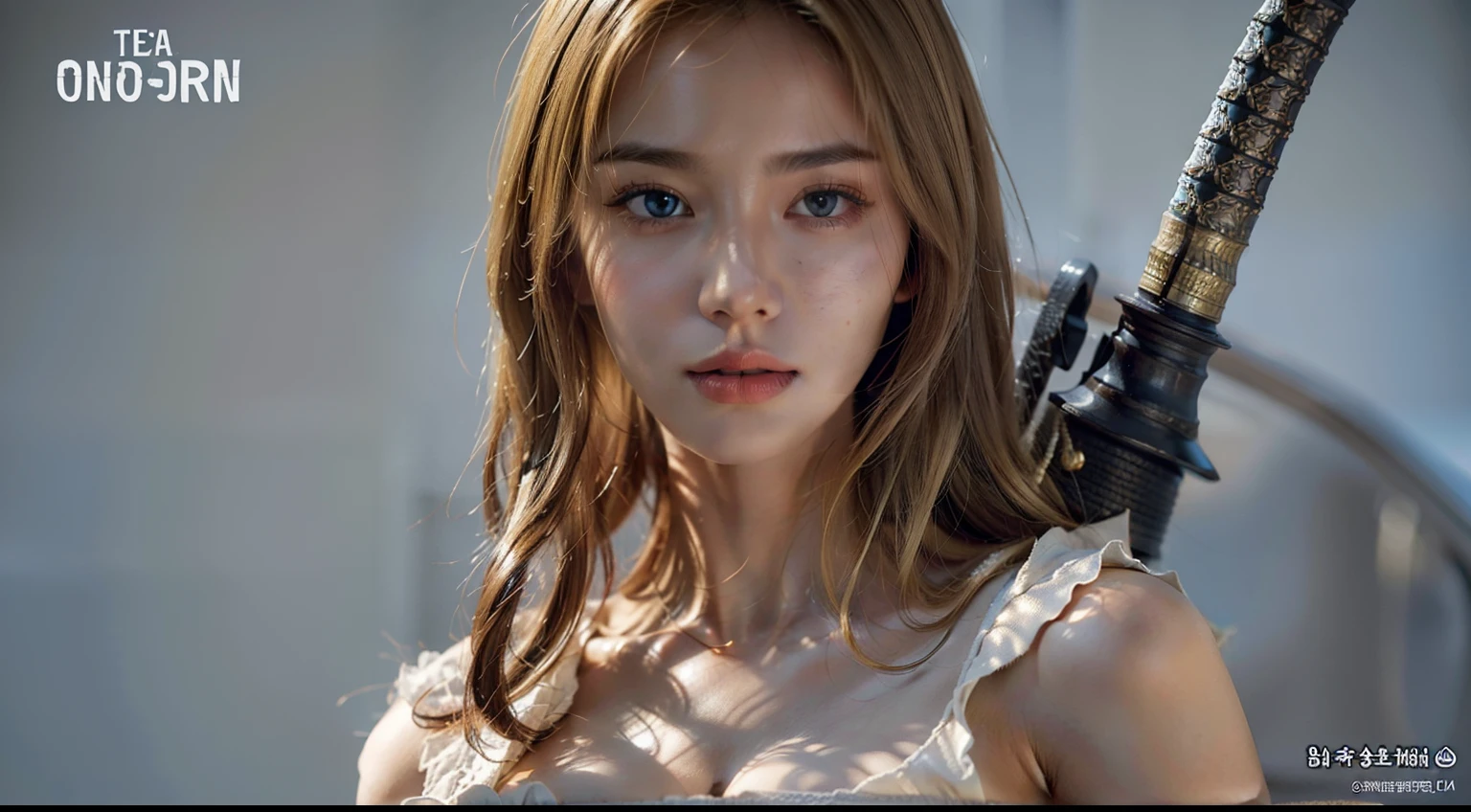 Best quality, masterpiece, big boobs, (large breasts), detailed skin texture, detailed cloth texture, detailed face, super detail, 8k, intricate detail, 1girl, 30 years old, high contrast, high resolution eyes, detailed hair, realistic hair, Korean, blonde short haired, white katana, detailed clothes, detailed blue eyes,