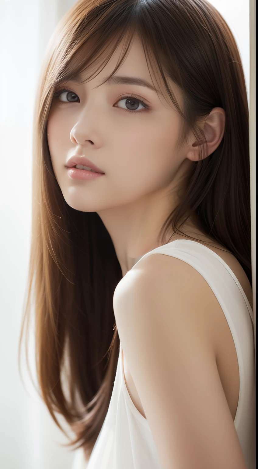 masterpiece、1 beautiful girl、A detailed eye、top-quality, 超A high resolution, (Realisticity: 1.4), OriginalPhotographs, 1Girl,cinematlic lighting、japanes、Asian Beauty、Taiwanese、Super beauty、Beautiful skin、A slender、the body is facing forward、(A hyper-realistic)、(hight resolution)、(8K)、(ighly detailed)、(Best Illustration)、(beautifully detailed eyes)、(ultra-detailliert)、A detailed face、looking at viewert、Facing straight ahead、Neat and clean clothes、sleeveless、Pudding Hair Hair、Brown hair、46-point diagonal bangs、Room with white background、neat atmosphere、