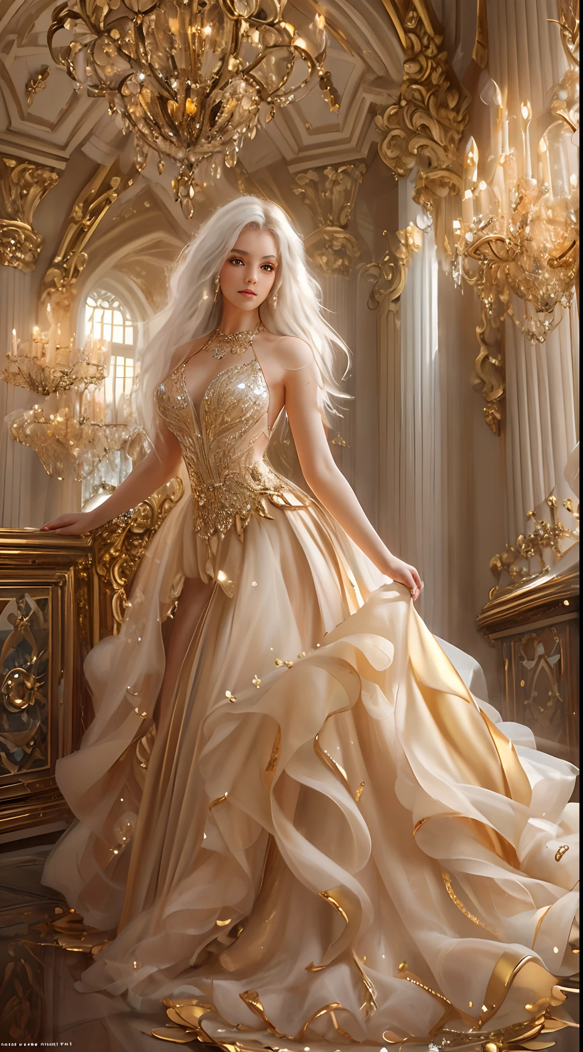 A super realistic photo,A girl stands in a majestic light beige and gold prom dress, big beautiful dress, Delicate fluffy prom dress,Decorated with plenty of ruffles and rhinestones (Best quality, Masterpiece, art stations, Fantasy art:1.2), Palace rooms, A beautiful and cute girl, (Long white hair:1.1), (Delicate gold skirt, Bare legs:1.2, Full body shot)