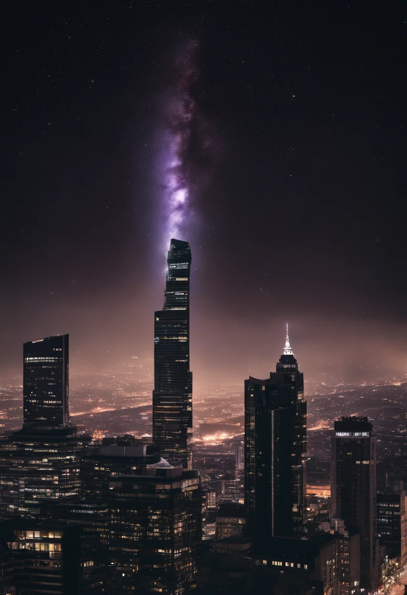 /imagine prompt: Milky Way with star embellishment and city tall building illustration with black background sticker, Bold outline style, Jagged edges, Trash core, Light Shadow --V 5.2