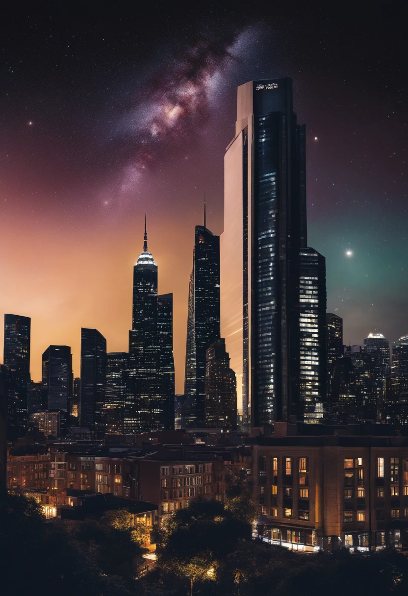 /imagine prompt: Milky Way with star embellishment and city tall building illustration with black background sticker, Bold outline style, Jagged edges, Trash core, Light Shadow --V 5.2