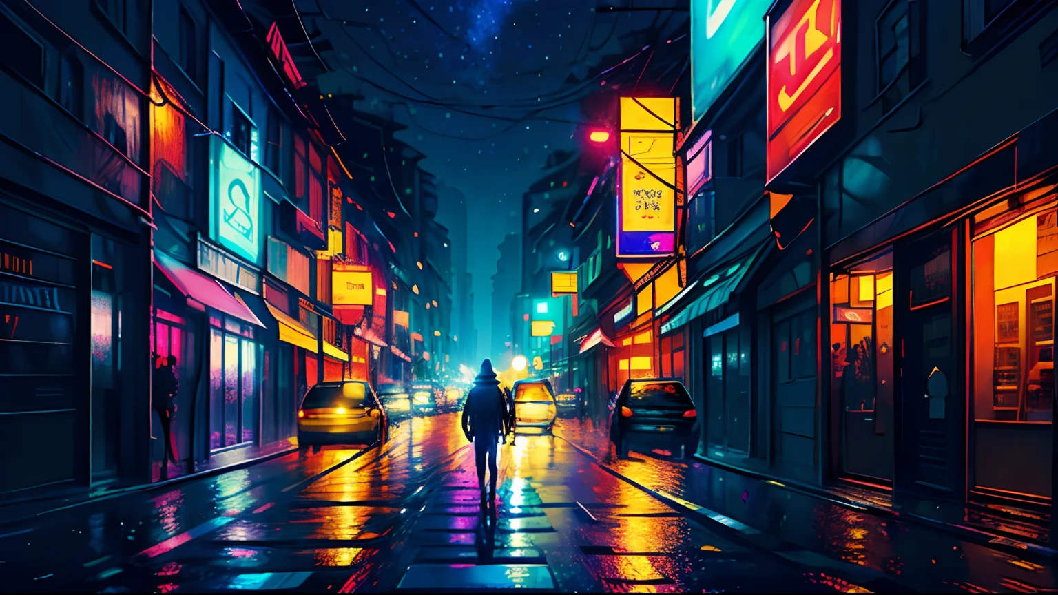 Uma pessoa atravessando a rua na faixa de pedestres (quero ela centralizada) in the background several cars and many buildings, It's Night,The sky is starry and well colored with supernovae,quero que o lugar esteja com luzes neon,having low lighting,apenas em destaque as estrelas,postes e luz dos carros ao fundo,tudo isso em um estilo Cyberpunk