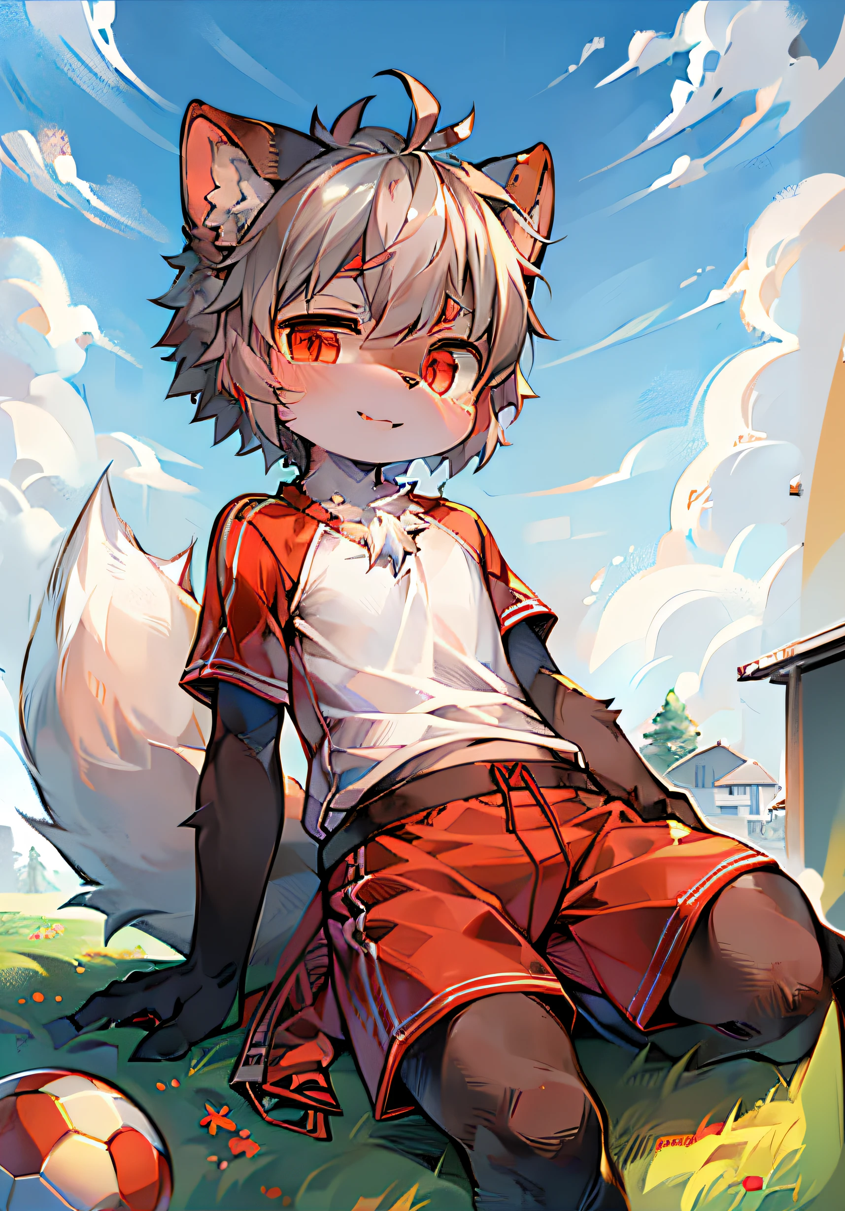 (Bright environment:0.8),masterpiece,high quality,abstract res,digital painting(artwork), by dagasi, yupa,kiyosan,(anthro,fluffy fur,character focus:1.1),anthro male cat,short hair,portrait , eyes with brightness, in a panoramic view, Character focus.(detailedbackground:0.7), 独奏, shaggy, shaggy male, malefocus, anthr,(Full Body Furry, Fluffy tail, White fur, Red and green eyes, white color hair:1.2), (Long canine athlete white socks：1.2）,（Exterior morning football field：1.1）