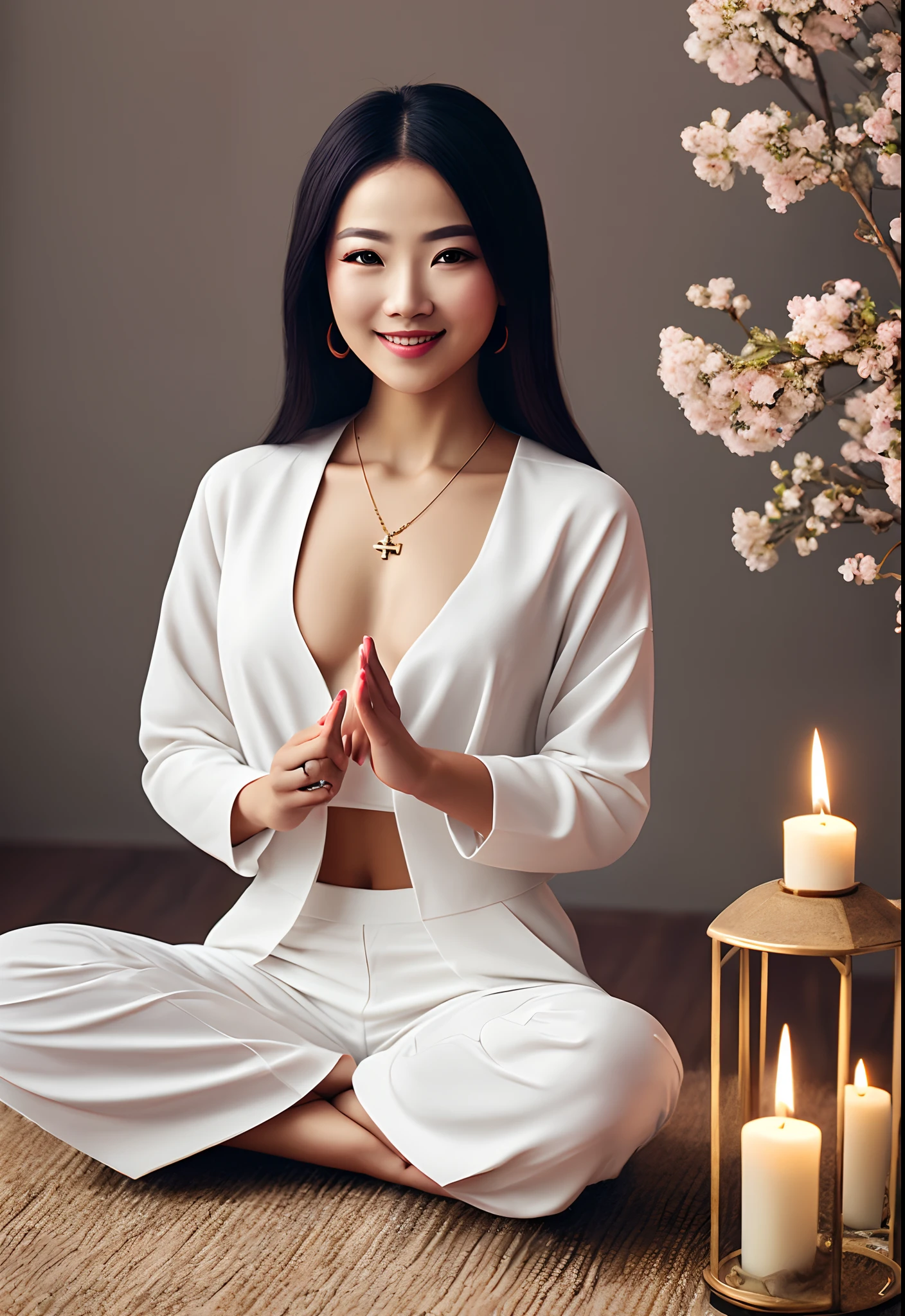 Photo style，hyper realisitc，Ethnic style female image，the breasts are large，With a mother's smile, Detailed face, Wear white transparent clothes，Sit cross-legged on a warm meditation mat and meditate, Bright room，Super meticulous，high quality,Candles are visible all around you, Symbolizes peace and relaxation. flowers in hands, The background is a natural and active painting、Quotes for inner happiness and prosperity, Particles of Light.