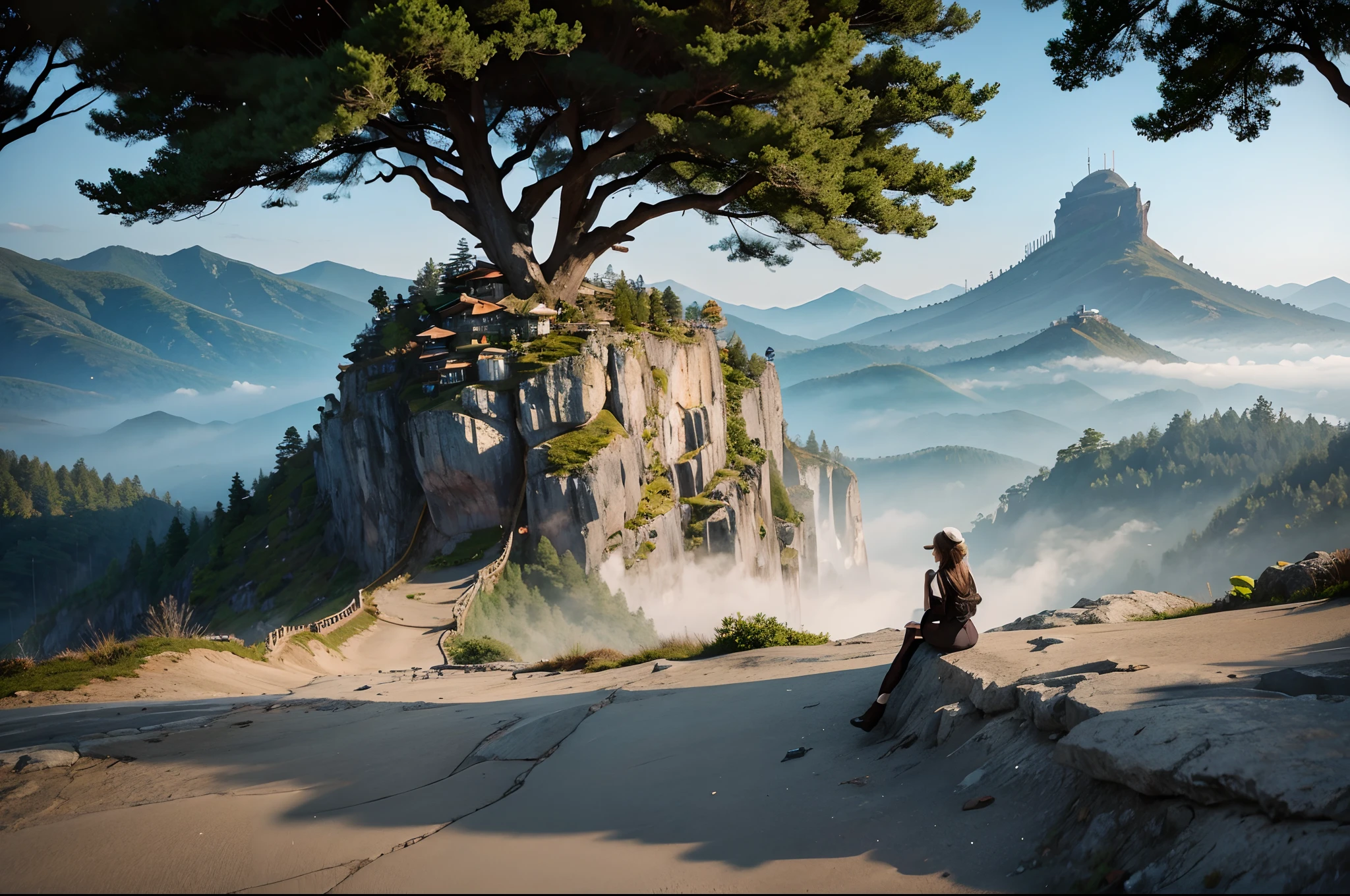 The place is a misty mountain，This mountain peak is surrounded by a vast sea，one-girl，独奏，