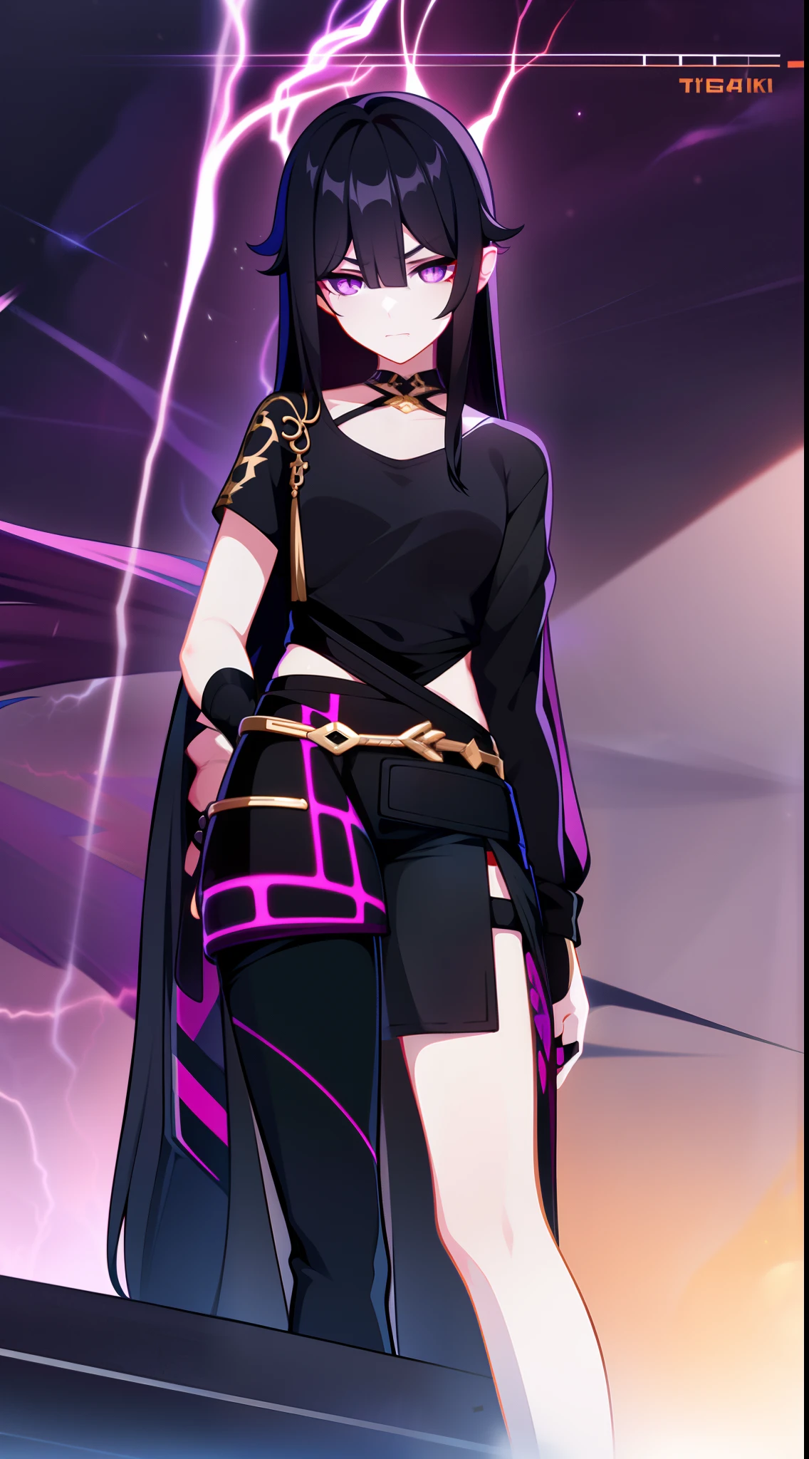 young girl, Long black hair, Black Eyes, purple tight top, baggy pants, Gold patterns, Tatoo, anger, lightning bolts, Masterpiece, hiquality, 4k, HD, Good detail