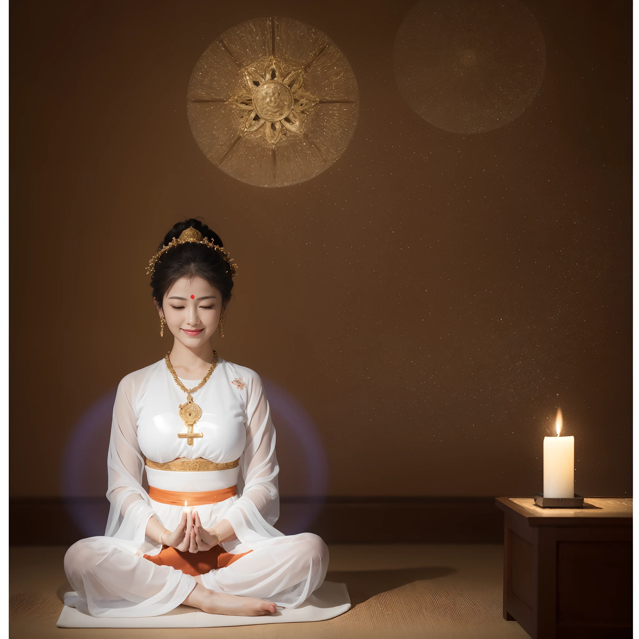 Image of a Buddhist woman，the breasts are large，With a mother's smile, Detailed face, Wear white transparent clothes，Sit cross-legged on a warm meditation mat and meditate, Bright room. Candles are visible all around you, Symbolizes peace and relaxation.The background is a natural and active painting、Quotes for inner happiness and prosperity, Particles of Light.