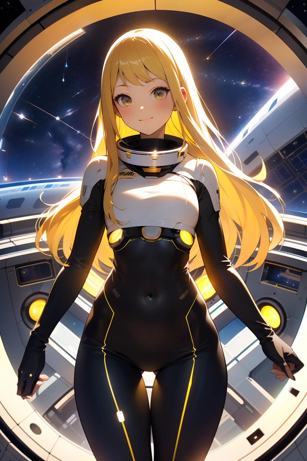 (masterpiece, best quality:1.2), (cowboy shot:1.1), solo, 1girl, mori yuki, slight smile, closed mouth, side view, looking at viewer, blonde hair, long hair, thigh gap, yellow bodysuit, skin-tight, perfect body, large window, (starship porthole:1.3), (spread legs:1.3), (standing:1.1), thigh gap, pose, sideview, perfect hands, bright starship interior, (outer space view:1.1), (orbital view:1.3), (night, stary sky:1.5), milky way