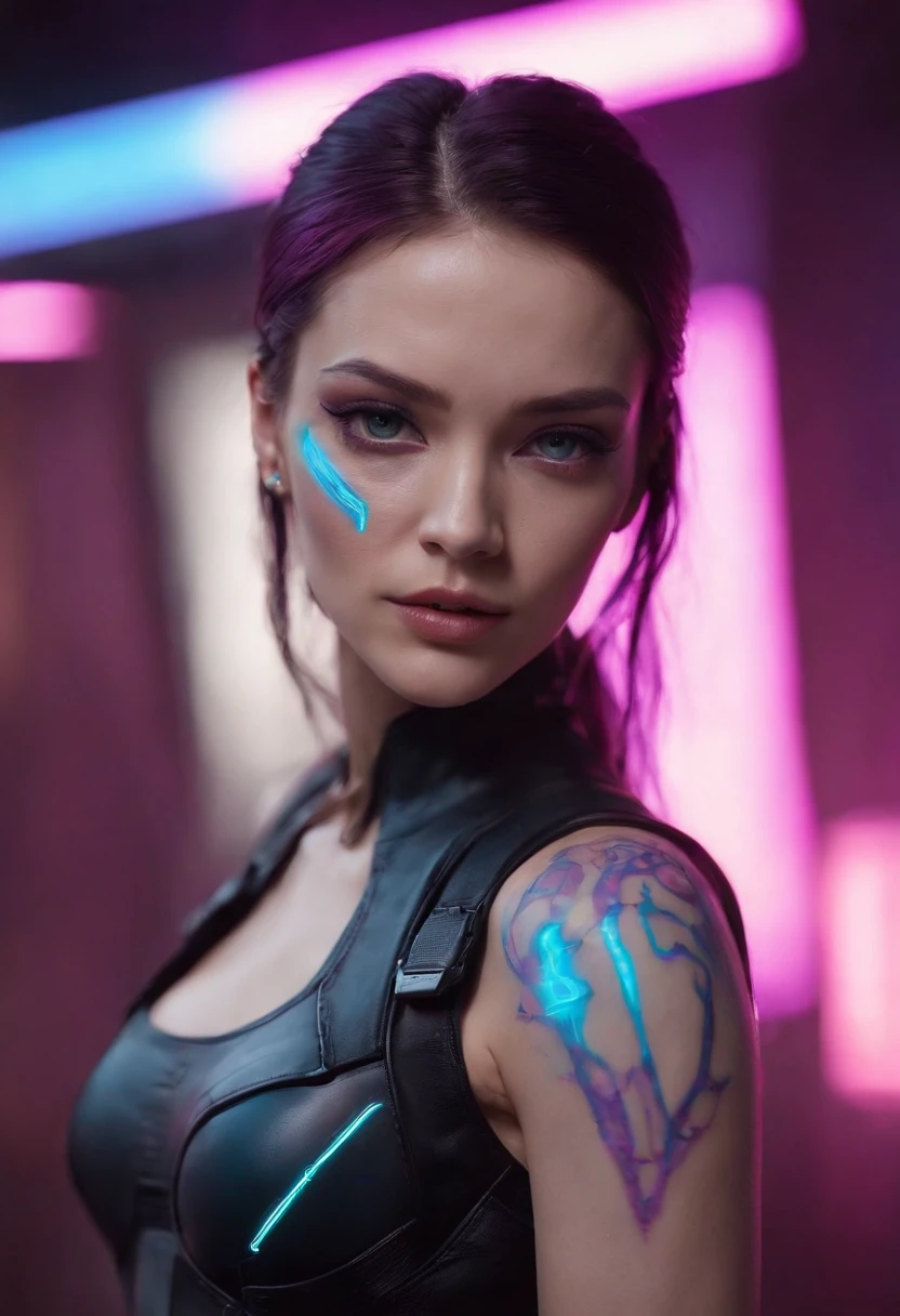 Image Designer "cyberpunk & realista". Futuristic depiction of psylocke, x-men, with an energy purple blade glowing from her fist. Embrace cyberpunk aesthetics with neon lights and bright tattoos, maintaining the realistic representation of its characteristics. "the lighting" Dynamic neon lighting with natural light sources to highlight tattoos and cyberpunk prosthetics, Mantener sombras y luces realistas. "Camera positioning" Off-centre and close-up camera positioning, Capture dynamic poses to show cyberpunk tattoos and high-tech prosthetics in detail. "Paleta de colores" Cyberpunk-inspired color palette with neon tones like electric blue, rosa fluorescente, y verde brillante, complemented with realistic skin tones and metallic details for advanced technology rendering.