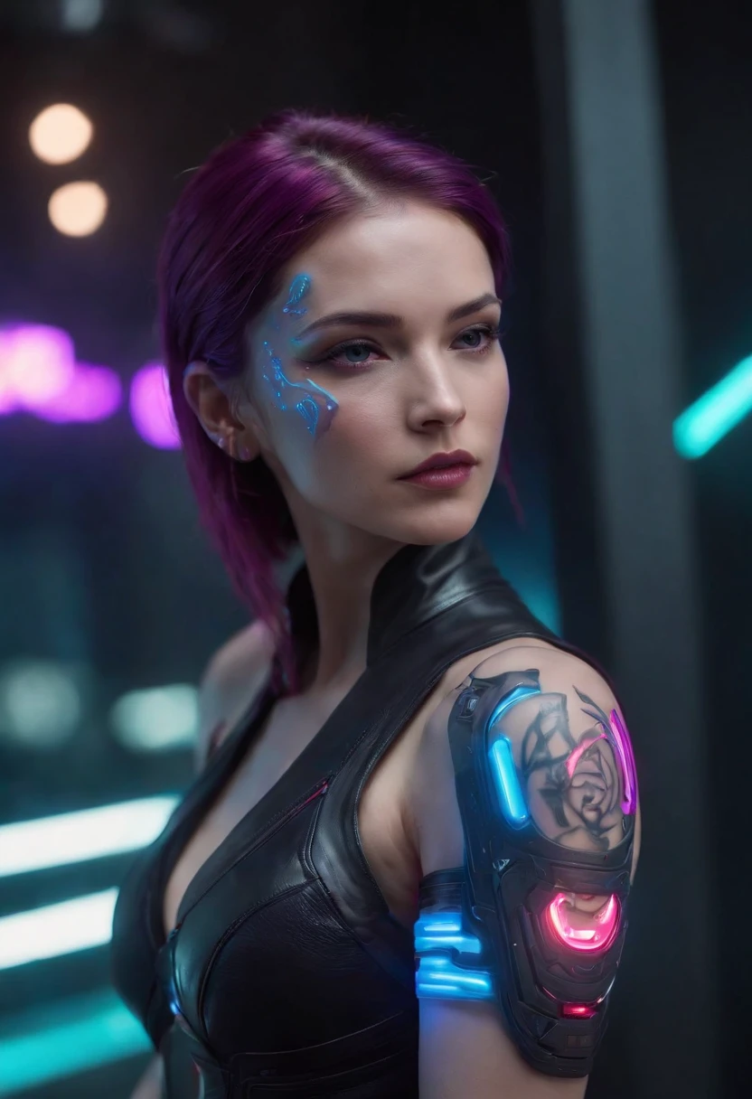 Image Designer "cyberpunk & realista". Futuristic depiction of psylocke, x-men, with an energy purple blade glowing from her fist. Embrace cyberpunk aesthetics with neon lights and bright tattoos, maintaining the realistic representation of its characteristics. "the lighting" Dynamic neon lighting with natural light sources to highlight tattoos and cyberpunk prosthetics, Mantener sombras y luces realistas. "Camera positioning" Off-centre and close-up camera positioning, Capture dynamic poses to show cyberpunk tattoos and high-tech prosthetics in detail. "Paleta de colores" Cyberpunk-inspired color palette with neon tones like electric blue, rosa fluorescente, y verde brillante, complemented with realistic skin tones and metallic details for advanced technology rendering.