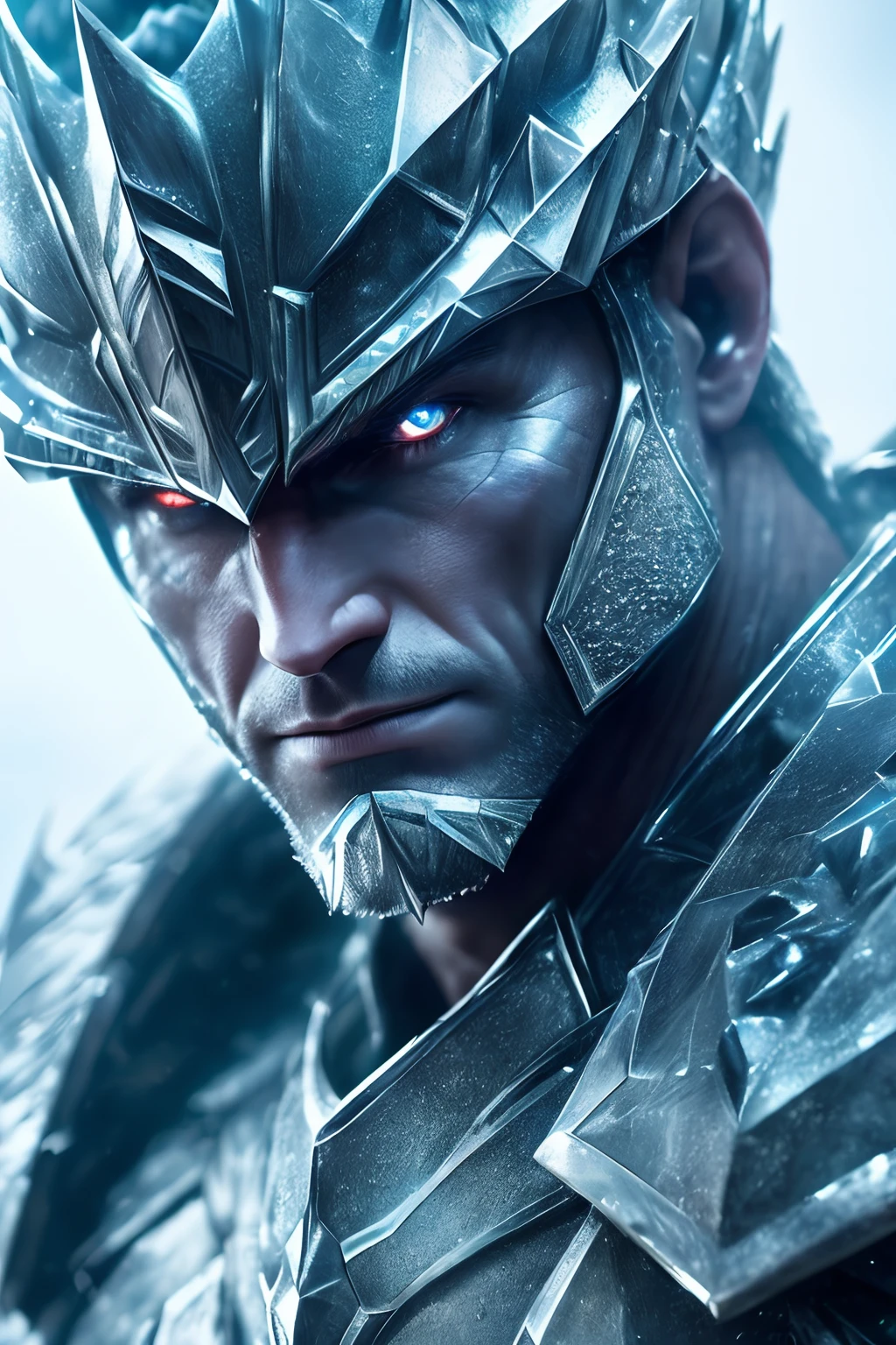 (best quality,4k,High,ultra-detailed,sharp focus,realistic:1.37), ICE ARMOR, severe bad character, looking forward, ice cave, cinema photo, Cinema Lighting, cinema sea, body man