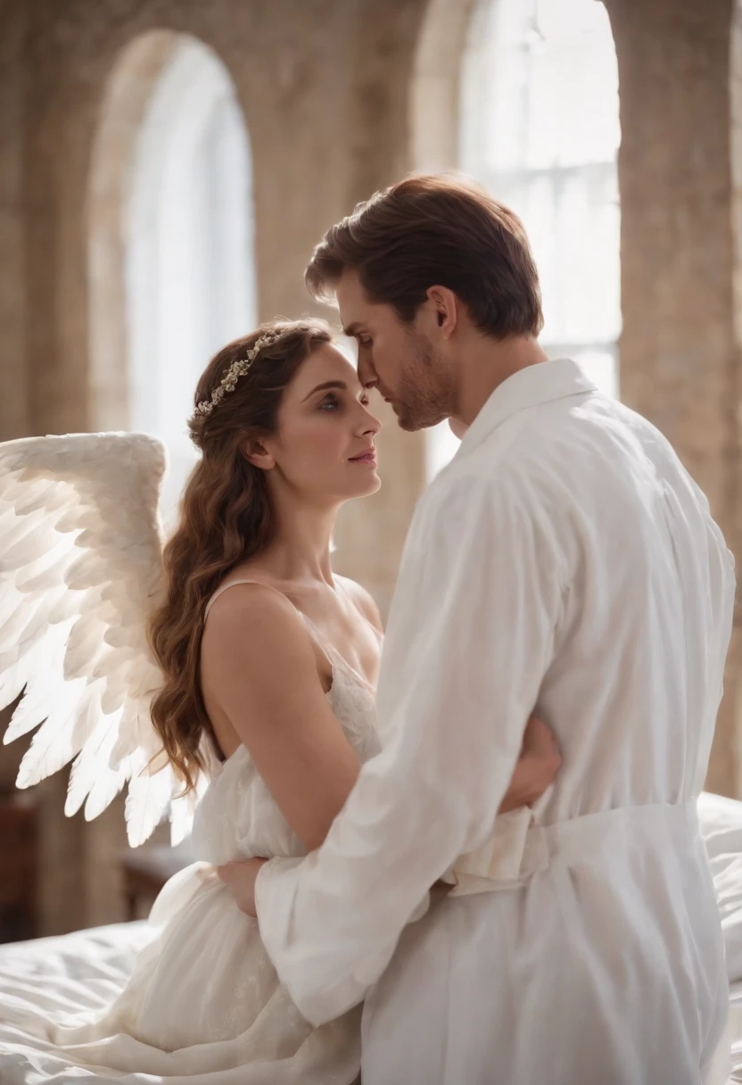 an angel {man} emitting light from his outspread wings, is talking to a {woman} who is kneeling by his bedside. 4k photorealistic quality.