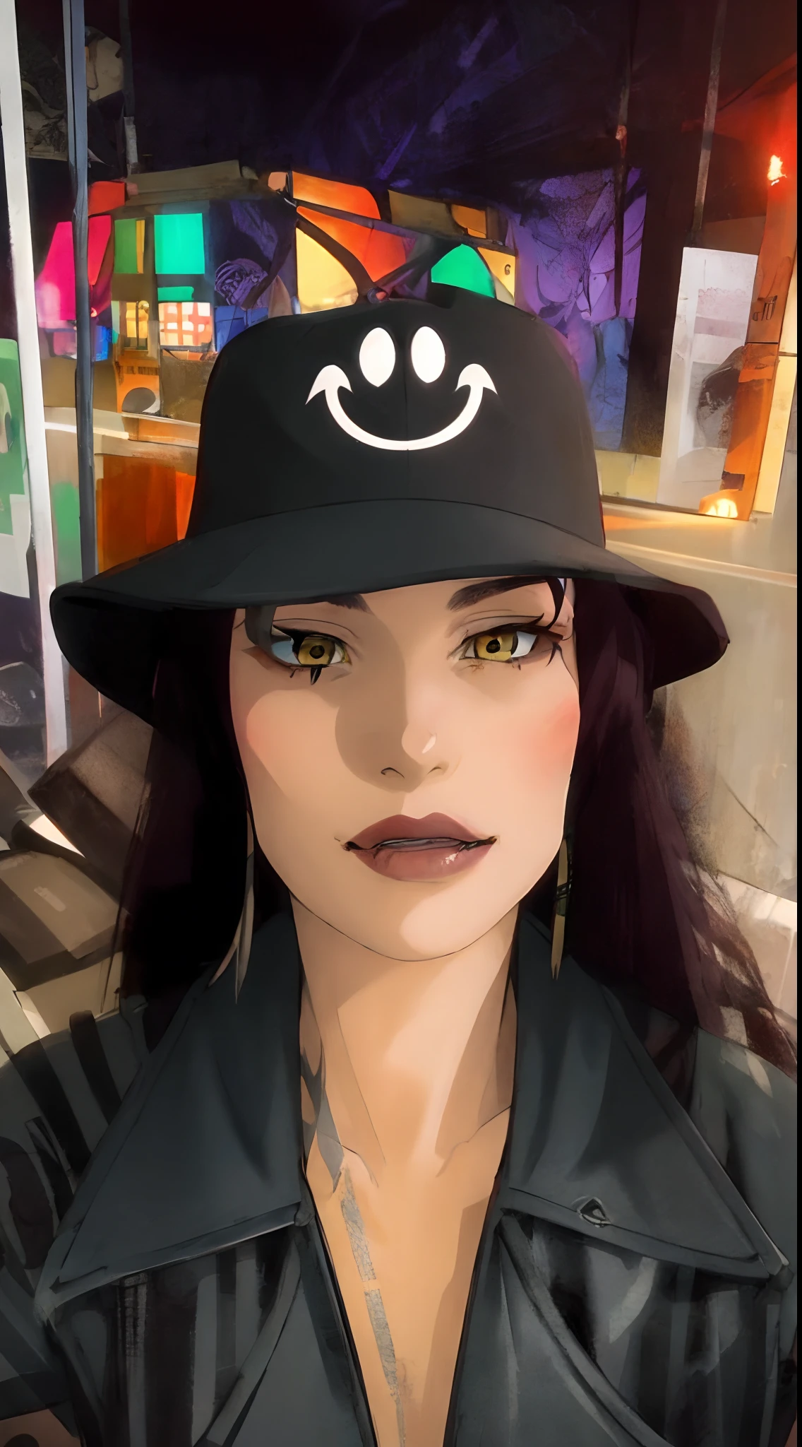 masterpiece,high quality,solo,
revy,1woman,
long hair,brown hair,yellow eyes,tattoo,shoulder tattoo,arm tattoo,