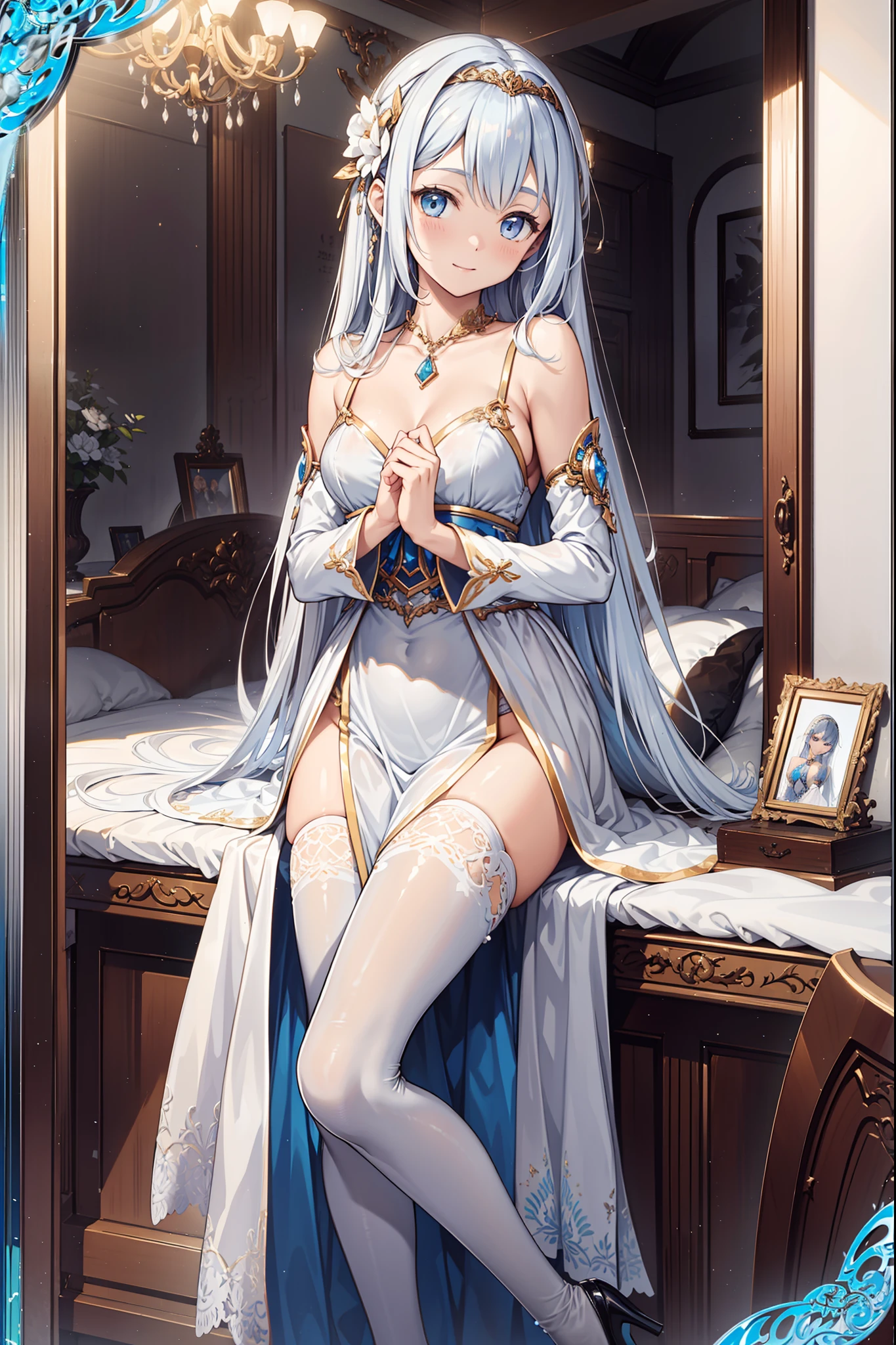 (masterpiece:1.8),(Highest quality:1.8),(Very detailed:1.8),(8k:1.8),(Ultra-fine Illustration:1.5),,,Straight low twintail,Flat Chest,Small Ass,(High-grade metallic silver,,lingerie:1.4),(Prayer Pose:1.5),Vintage sofa,,(Full body angle), Stained glass, Rainbow Gradient,