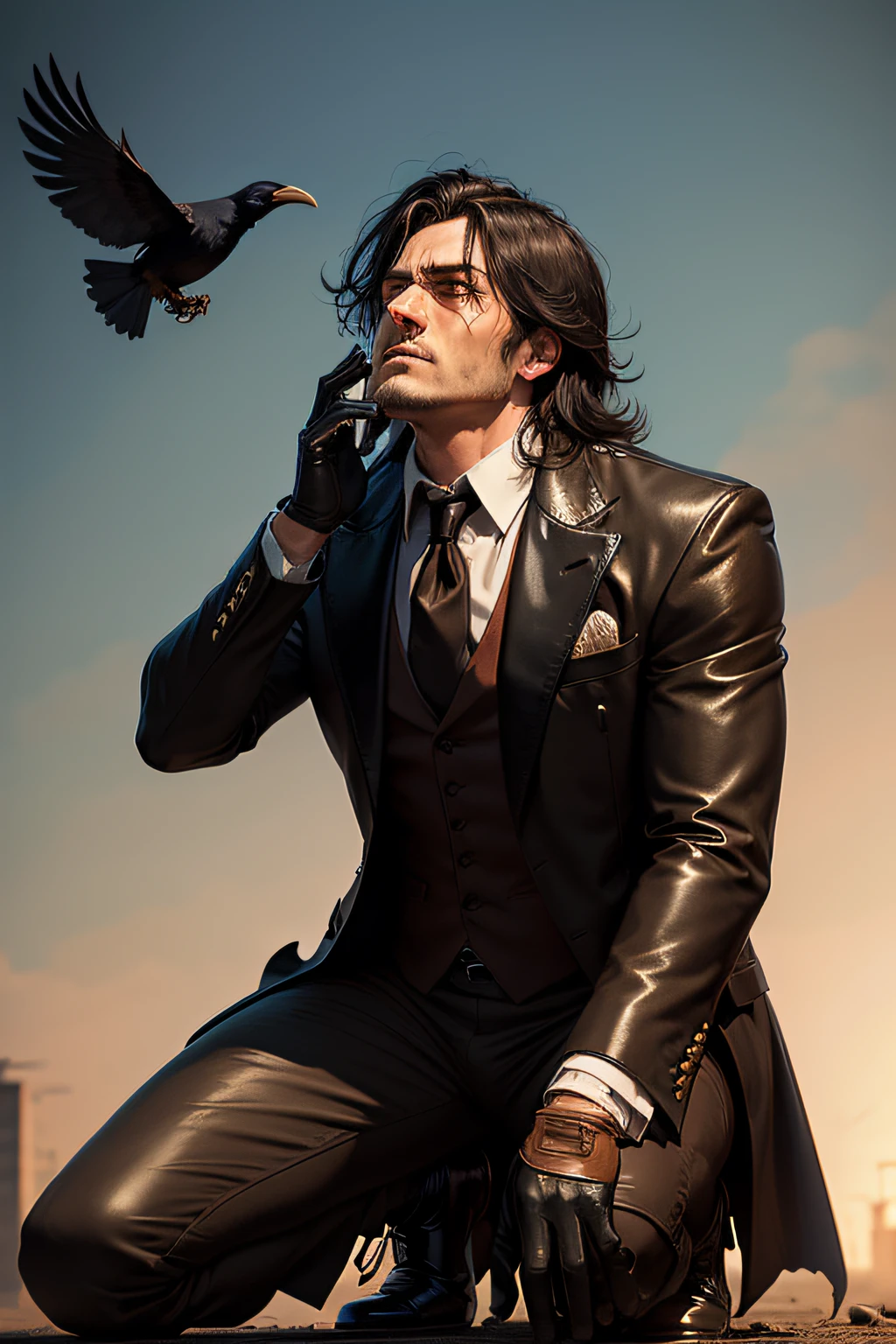 A Mafioso Raven bird wearing a tattered and ripped brown 1970s suit and ripped black leather gloves as he looks up to sky with great sadness while he's on his knees. His hair is also disheveled