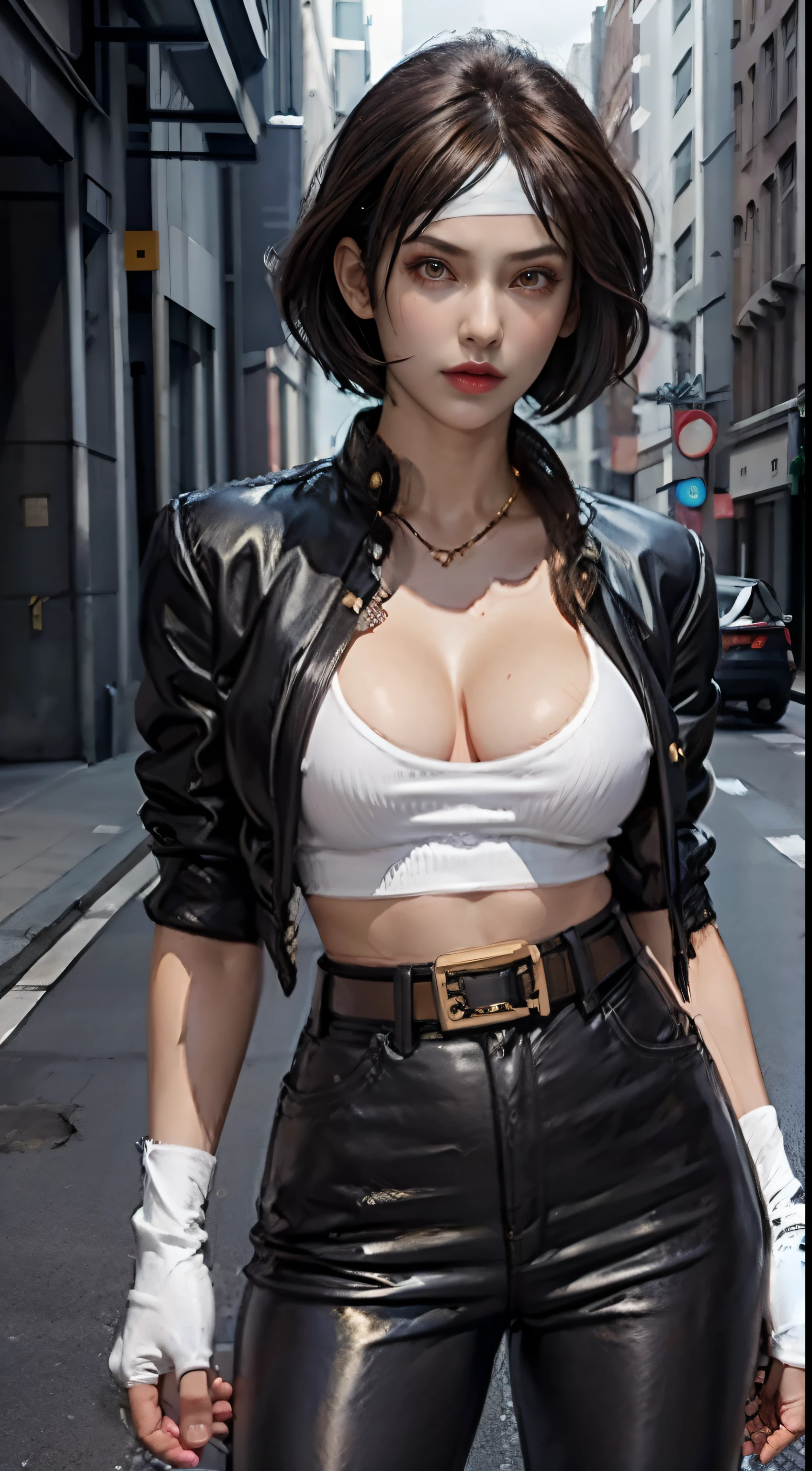Masterpiece, Best quality, 1girll, ,view the viewer, Solo, kusanagi, school uniform, Headband, Jacket, Pants, belt, mitts, cleavage,Model standing,On the street