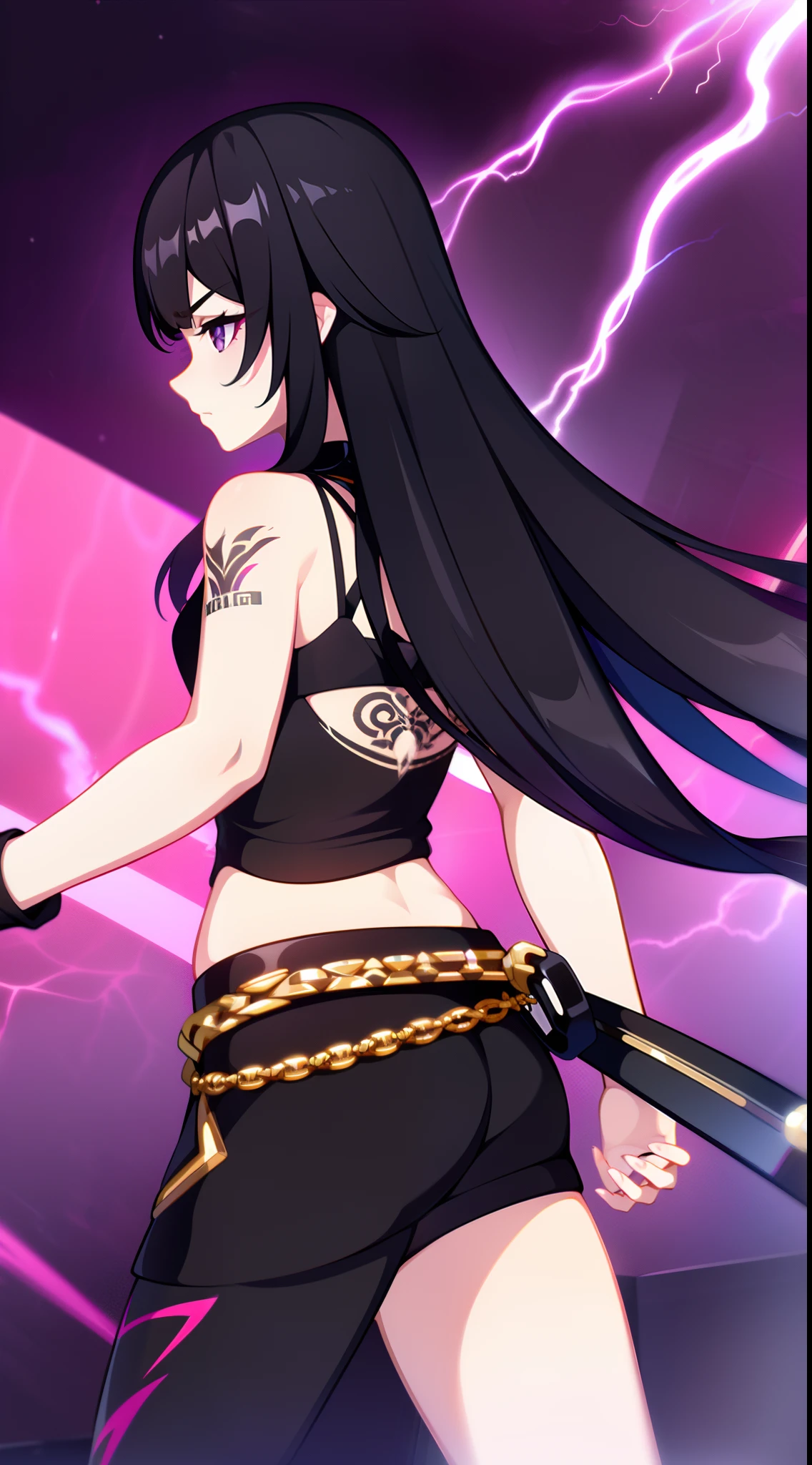 young girl, Long black hair, Black Eyes, purple tight top, baggy pants, Gold patterns, Tatoo, anger, lightning bolts, Masterpiece, hiquality, 4k, HD, Good detail
