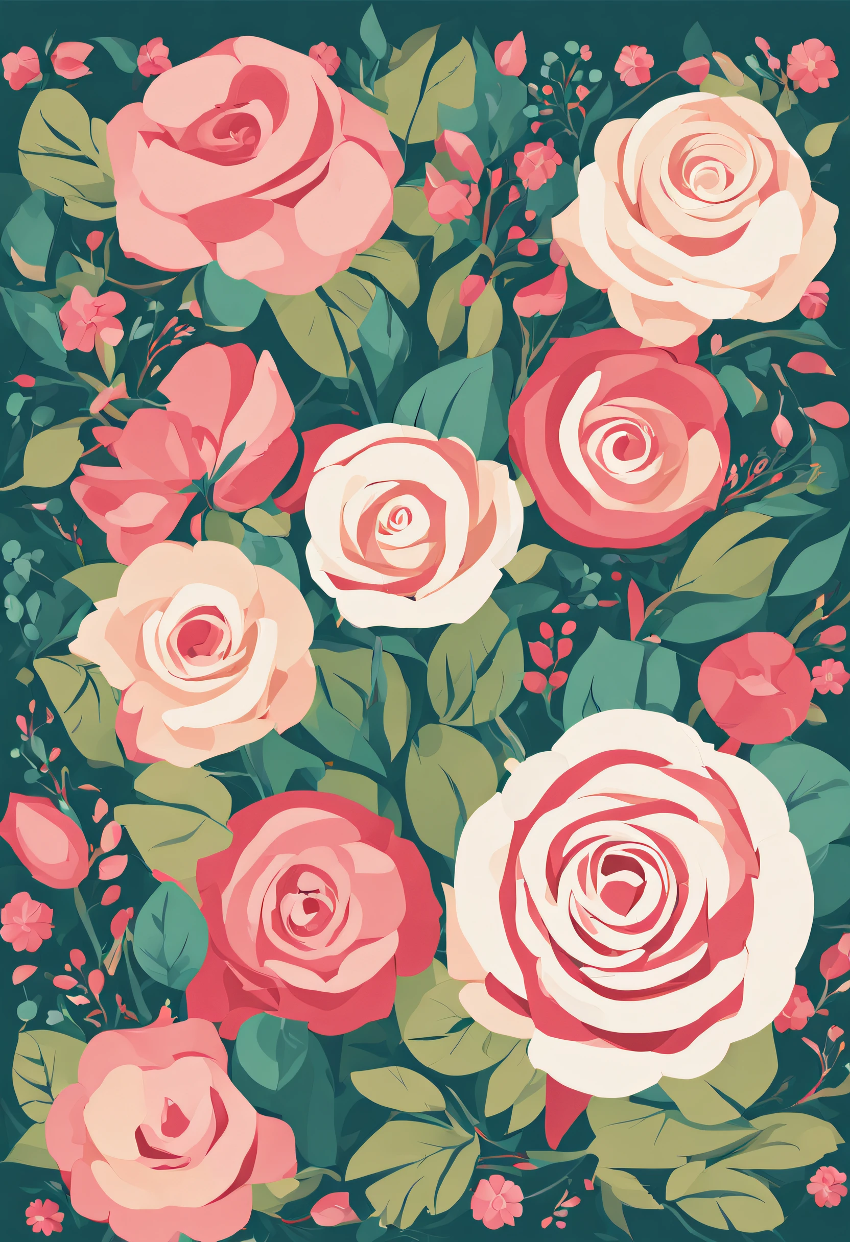 Make me a vector floral border with flat colors that has a rose motif