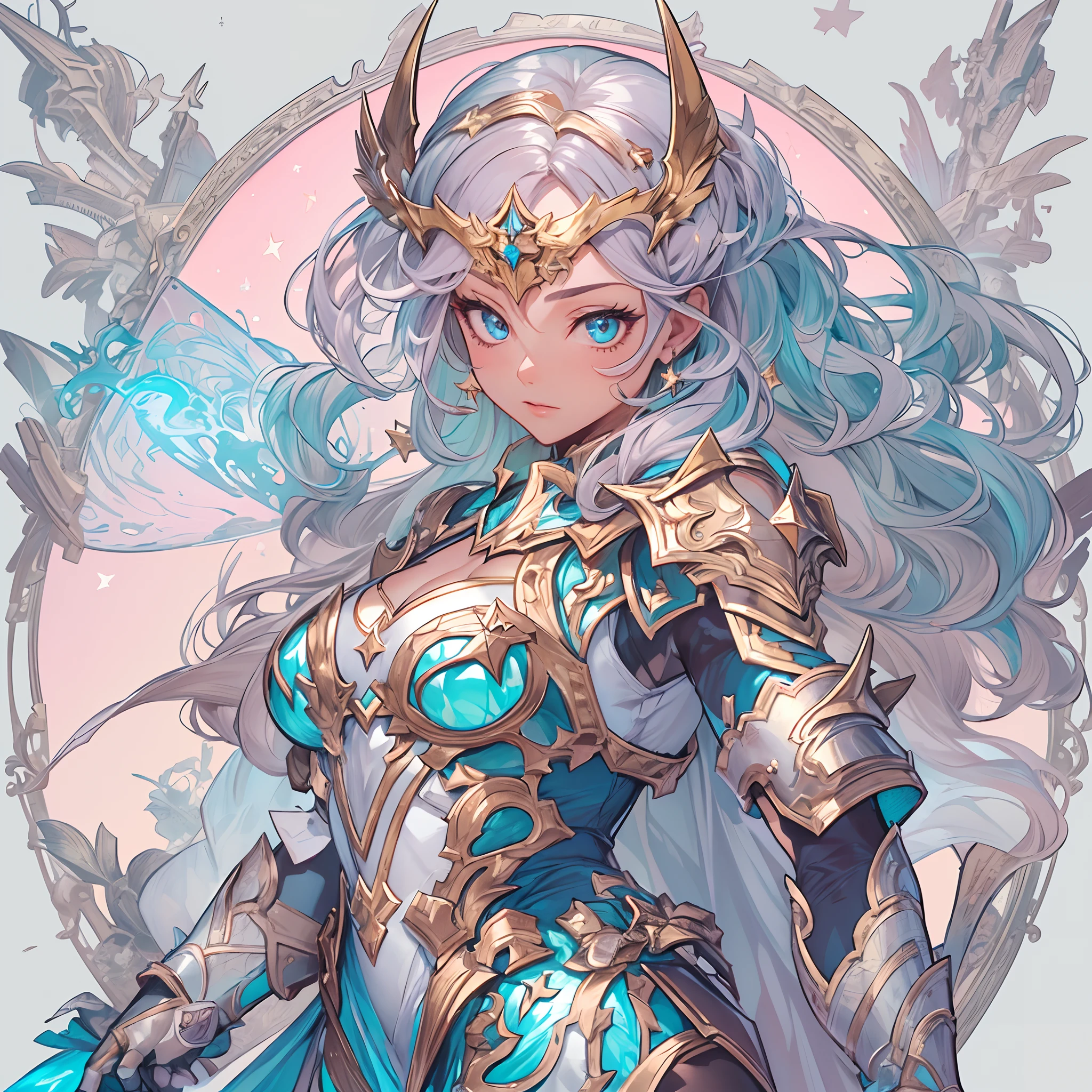 ((Masterpiece, Highest quality)), Detailed face, CharacterDesignSheet，full bodyesbian, perfectly proportions，Full of details, Multiple poses and expressions, Highly detailed, Beautiful paladin girl，holding a shield，Seductive，Blue-pink gradient hair color，Detailed eyes, ssee-through，lacepantyhose，High Balance, Overhead halo，Natural light，Star decoration