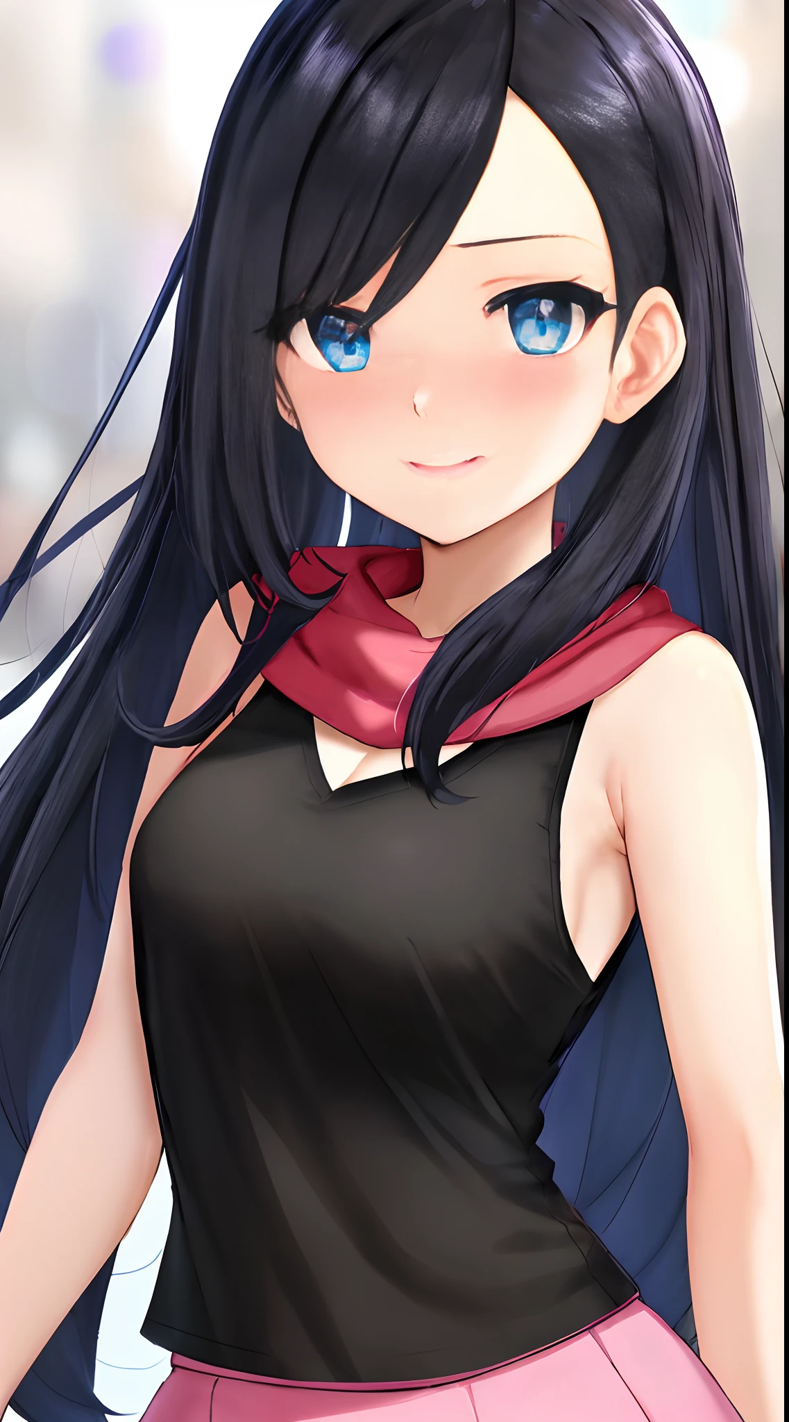 dawn \(pokemon\), black hair, blue eyes, long hair, a black V-necked tank top, big chest covered by white undershirt, a pink skirt, red scarf, big chest, in a festival, blushing, night time, ultra detailed eyes, detailed background, beautiful, cute, best quality, perfect, beautiful light, smile, dawn \(pokemon\)