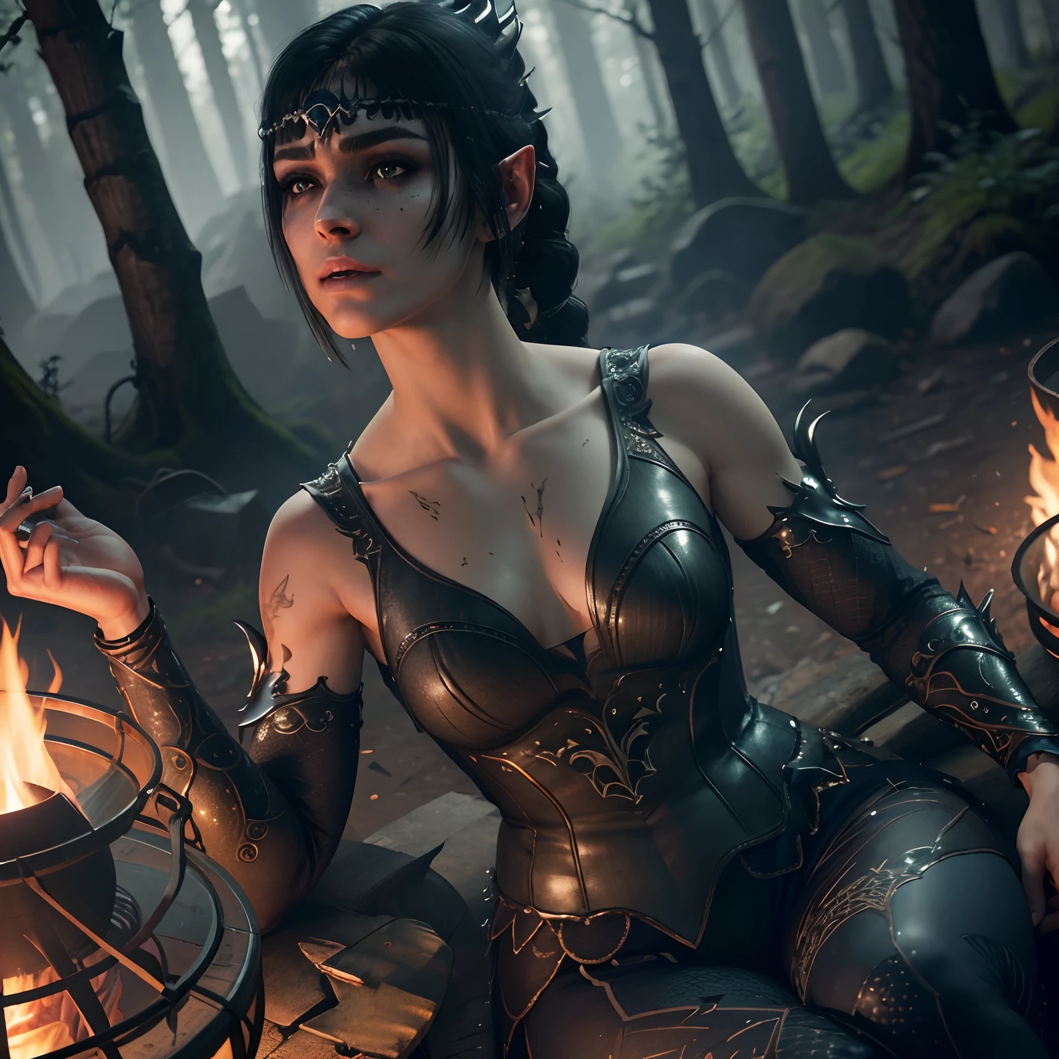 ((in the forest around a campfire)), ((sitting down and relaxing)), ((looking up at the camera)) ((view pointed down at her head)), (masterpiece), (best quality), highres, incredibly absurdres, absurdres, very high resolution, original, intricate details, hyper detail, ultra detailed, exquisite, detailed, extremely delicate, sharpening, extremely detailed cg, unity 8k wallpaper, game cg, film grain, (cinematic), bokeh, caustics, (1 cleric healer woman), (solo), (portrait), shiny hair, glossy hair, sharp eyelid, eyeliner, eyelashes, eyeshadow, (lipgloss), lips, cloud, clear sky, nature, shadowheart, black hair, adult braided ponytail with bangs, circlet, elf, pointy ears, 3d render, realistic, blurry background, fantasy intricate and detailed dim dark grey sleeveless cotton shirt with a pointy bottom, fantasy dim dark grey skintight detailed and intricate leggings, blue eyes, happy, scar on right cheek