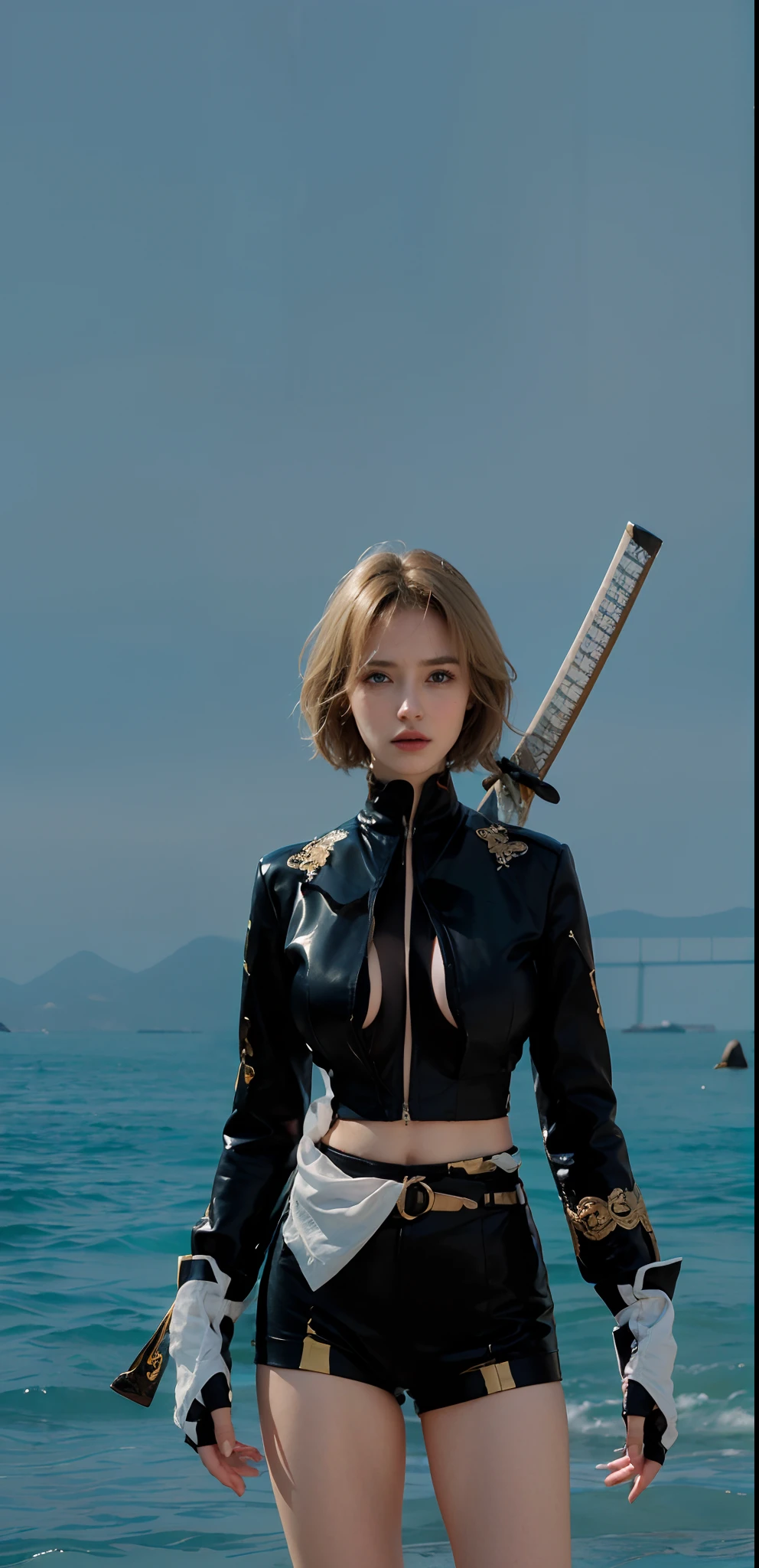 Best quality, masterpiece, big boobs, (large breasts), detailed skin texture, detailed cloth texture, detailed face, super detail, 8k, intricate detail, 1girl, 30 years old, high contrast, high resolution eyes, detailed hair, realistic hair, detailed clothes, detailed blonde short hair, blue eyes, white katana,