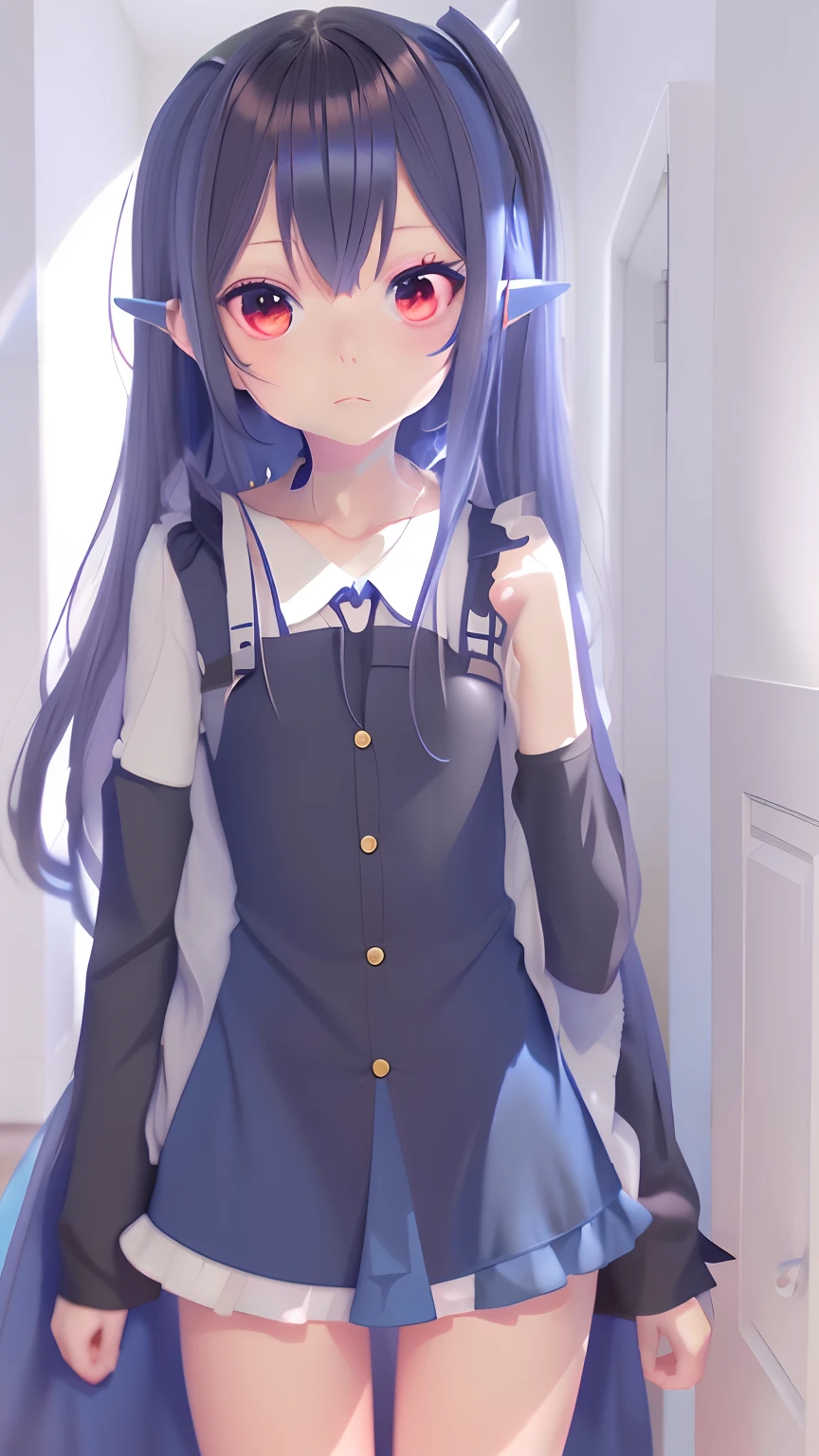 Anime girl with long hair and blue dress standing in the doorway, in dress, anime visual of a cute girl, small curvaceous lolirrealism female students, An anime girl, cute anime waifu in a nice dress, up of young anime girl, Surrealism female students, Realistic schoolgirl, Anime girl wearing black dress, made with anime painter studio